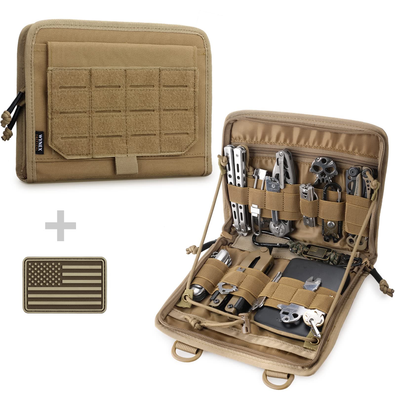 WYNEX Tactical Folding Admin Pouch Molle Tool Bag Laser Cut Design Utility Organizer EDC Medical Bag Modular Pouch Tactical Attachment Waist Pouch with US Patch Khaki