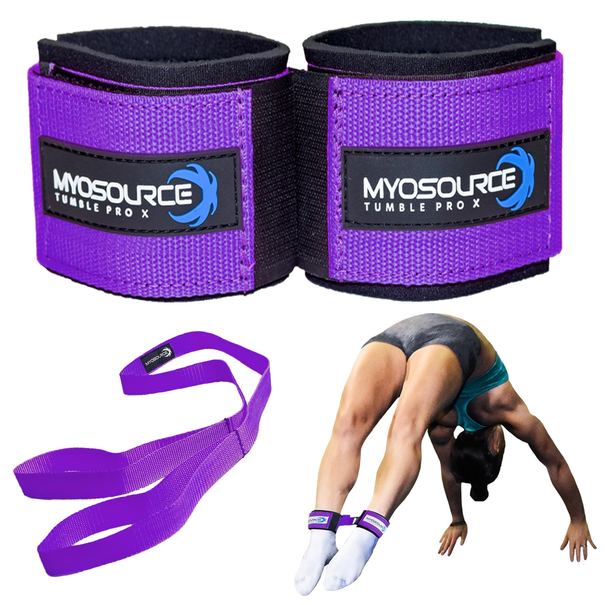 Myosource Kinetic Bands Tumble Pro X Ankle Straps Kit – Cheerleading Standing Tumbling Equipment, Gymnastics Backhandspring Trainer – Includes Flexibility Stunt Stretch Strap – Blue, Pink, Purple