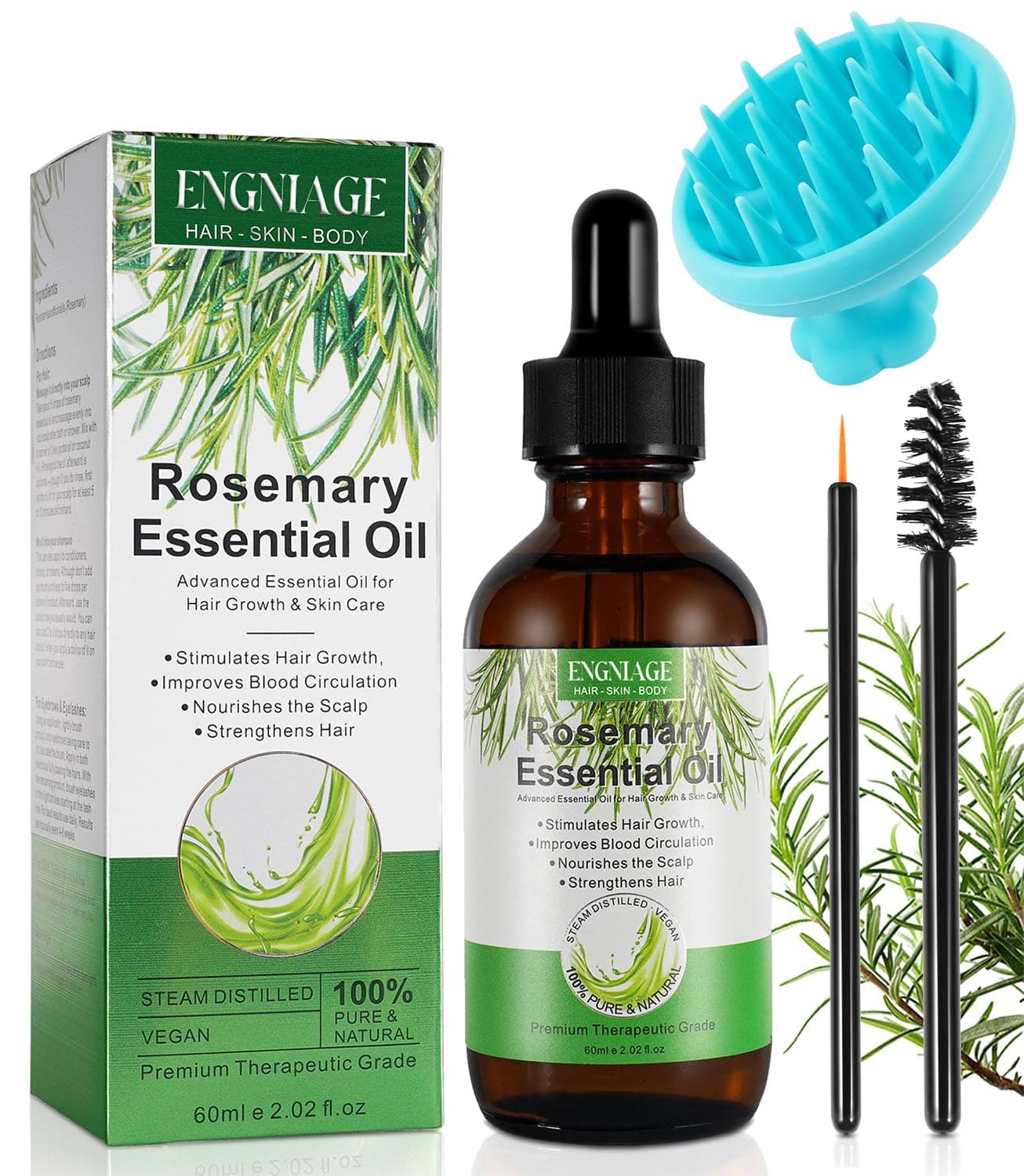 Rosemary Oil for Hair Growth 2.02 fl oz with Scalp Massager, Nourishes Scalp Pure Rosemary Essential Oil for Eyelashs, Eyebrows, Face, Skin Care, Body Massage, 2.02fl Oil+comb