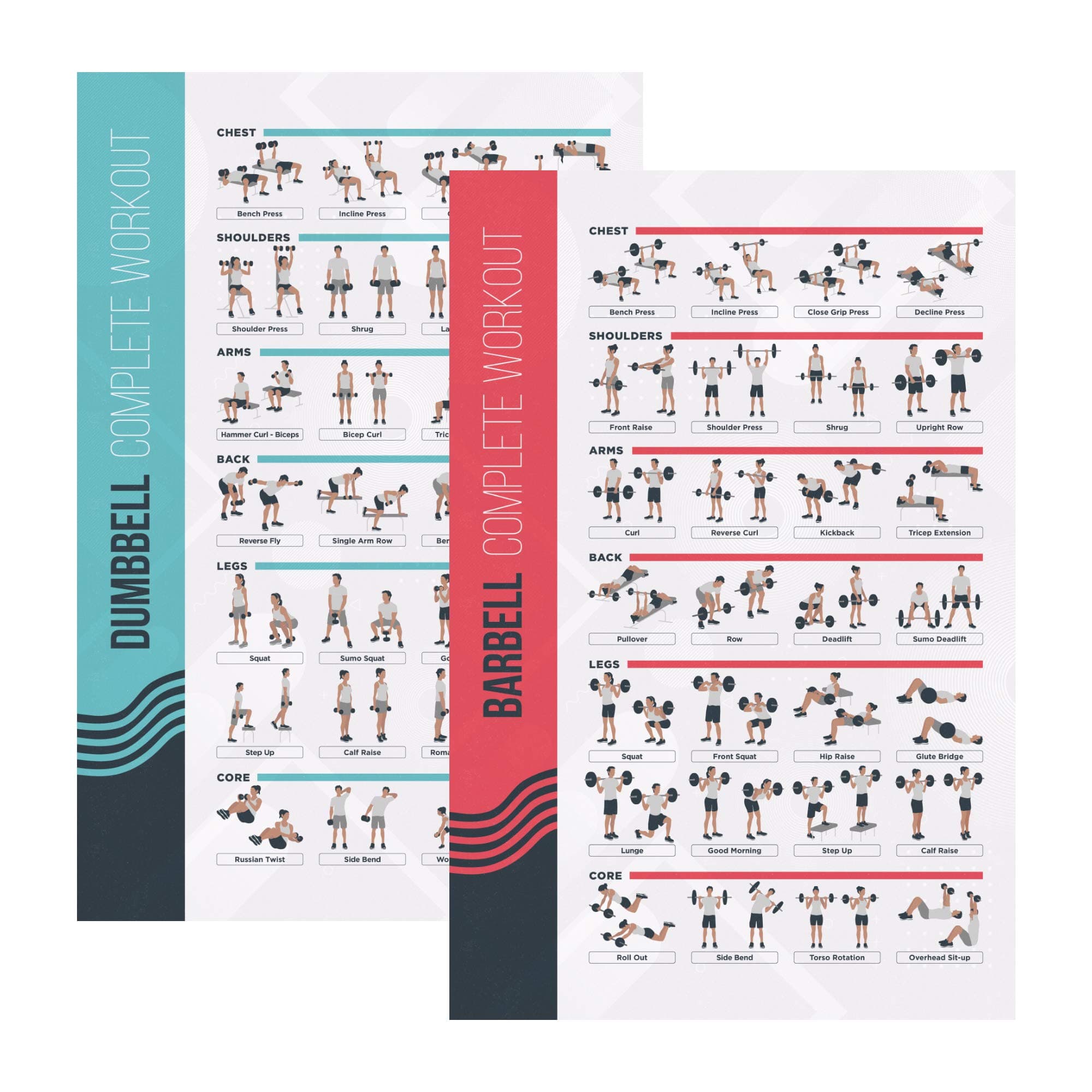 FitMate Dumbbell and Barbell Workout Exercise Poster, 2-Pack, Workout Routine with Free Weights, Home Gym Decor, Room Guide