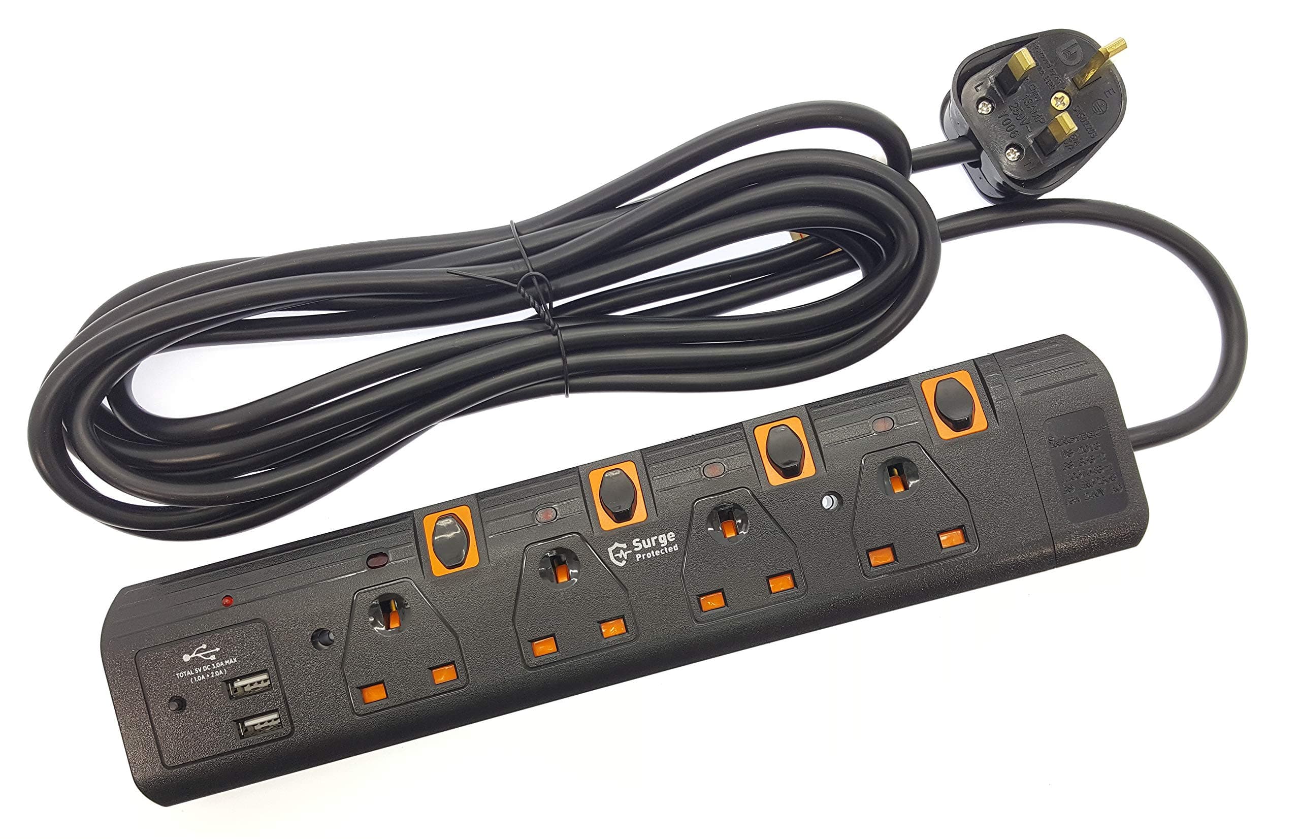 Innoteck 4 Way Extension Lead - Plastic Power Board with 5m Cable Dual USB Ports Multi Socket Plug Extension with Strip Surge Protection & Indicator, 13A Fused 4 Plug for Home, Office & Kitchen, Black