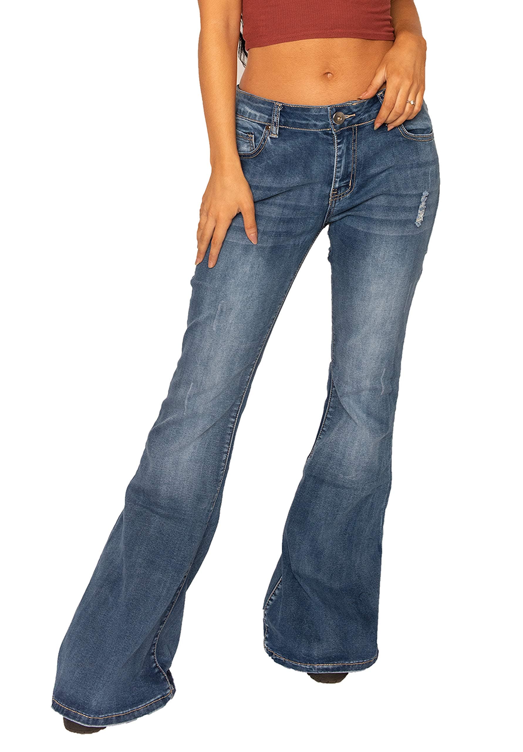 Glamour Outfitters 60s 70s Ripped Distressed Denim Flares Faded Wide Flared Jeans - Blue