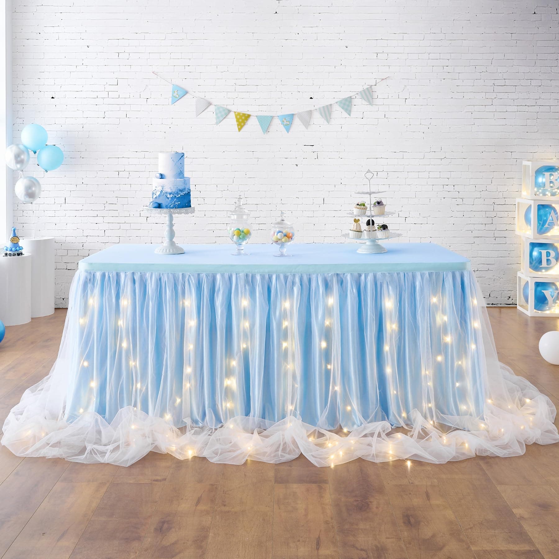 Leegleri Baby Blue Tulle Tutu Table Skirt With LED for Baby Shower, Wedding, Birthday Party - 14 ft for Rectangle or Round Tables