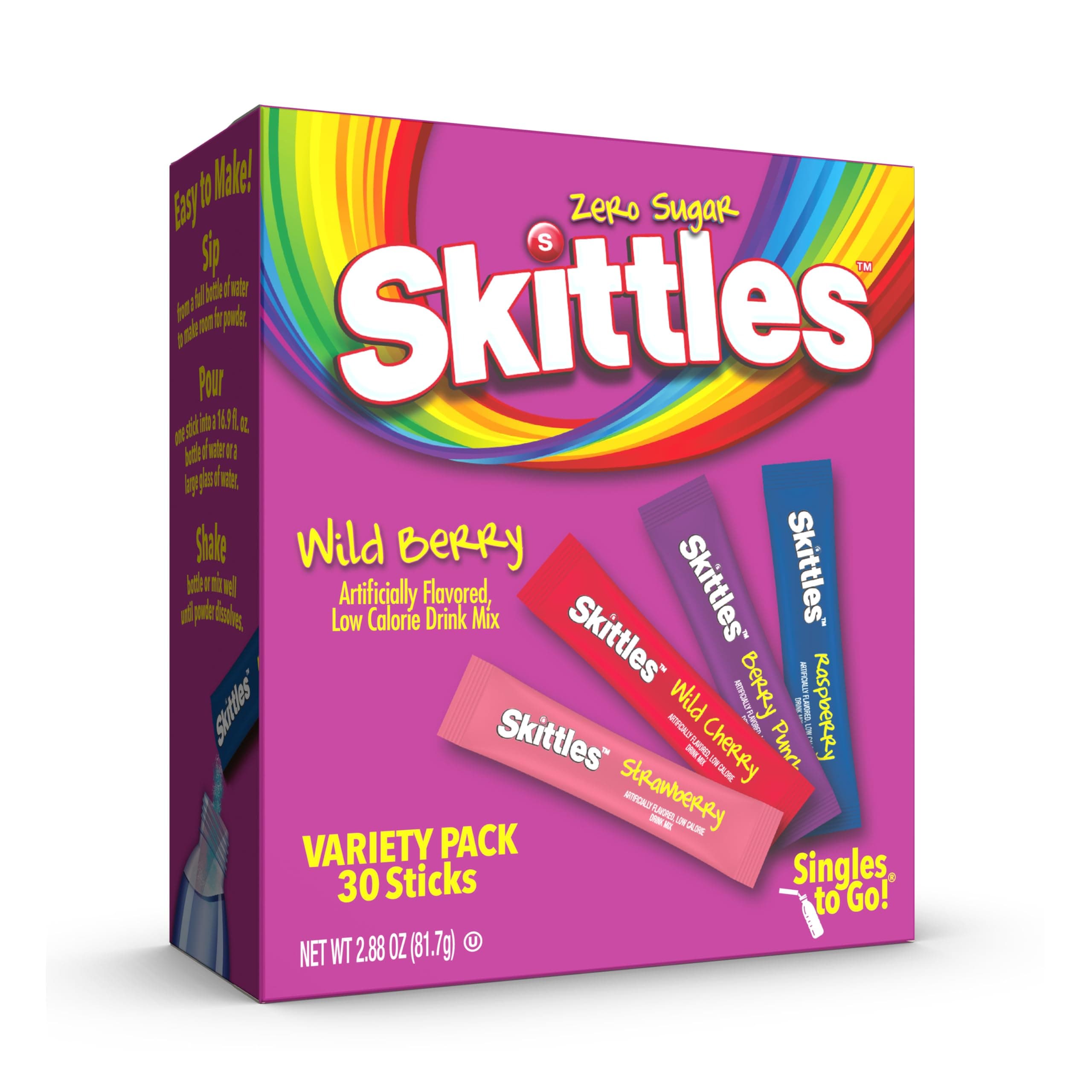 Skittles Singles To Go Wild Berry Variety Pack, Watertok Powdered Drink Mix, Zero Sugar, Low Calorie, Includes 4 Wild Berry Flavors, 1 Box (30 Single Servings)