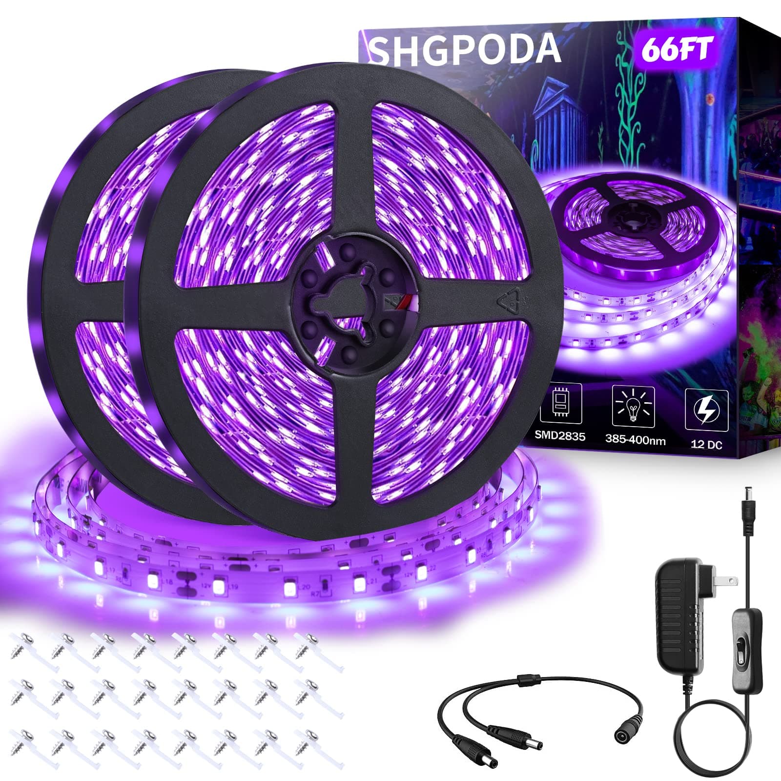 66ft/20M LED Black Light Strip Kit, 1200 Units Lamp Beads, 385nm-400nm, 12V Flexible Blacklight Fixtures, 20M LED Ribbon, Non-Waterproof for Indoor, Birthday, Dark Party, Halloween, Christmas