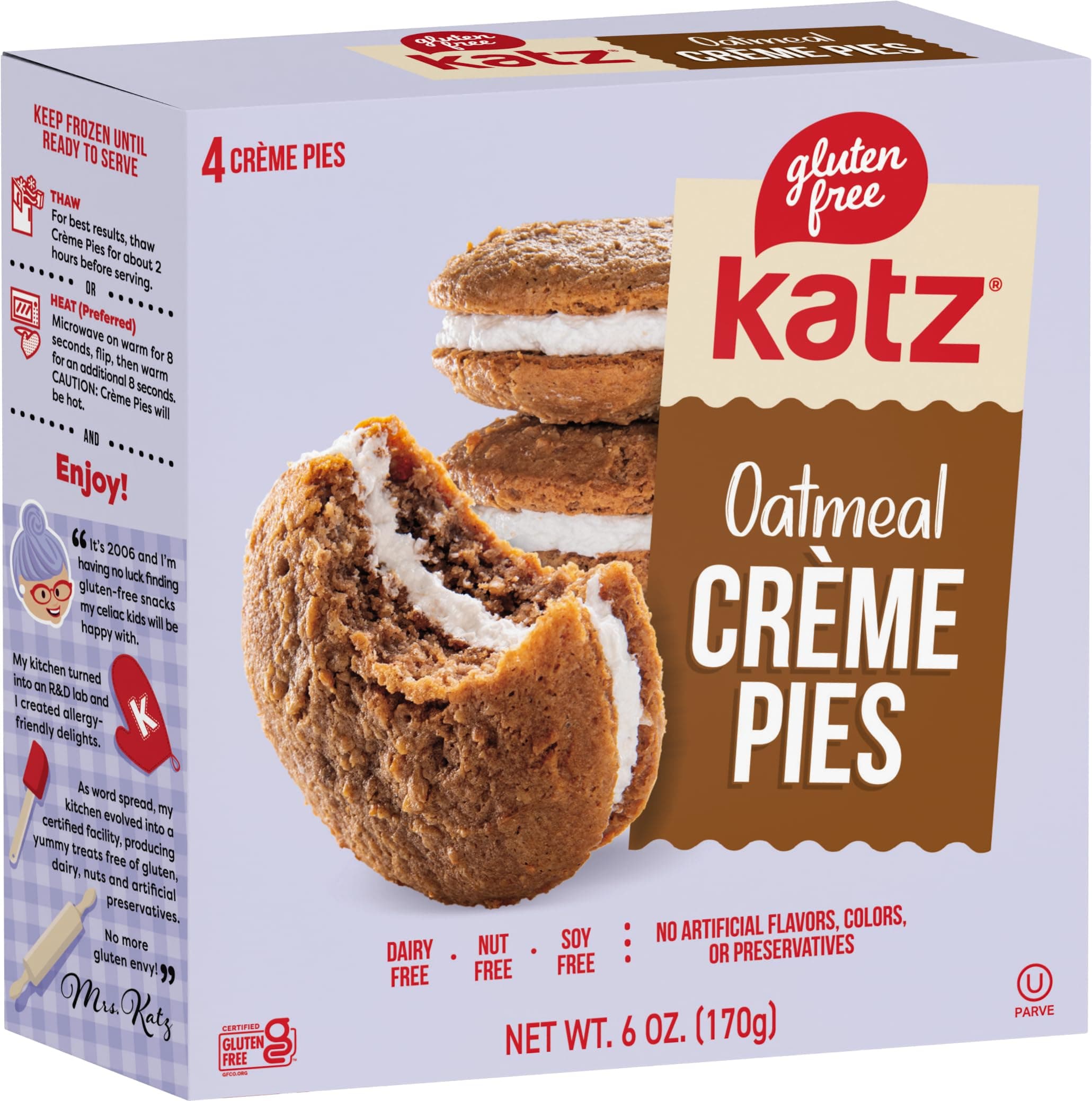 Katz Gluten Free Oatmeal Creme Pies, Dairy Free, Soy Free, Tree Nut & Peanut Free. Kosher Snacks. 4 Individually Wrapped Crème Pies. 6.3 Oz (pack of 1)
