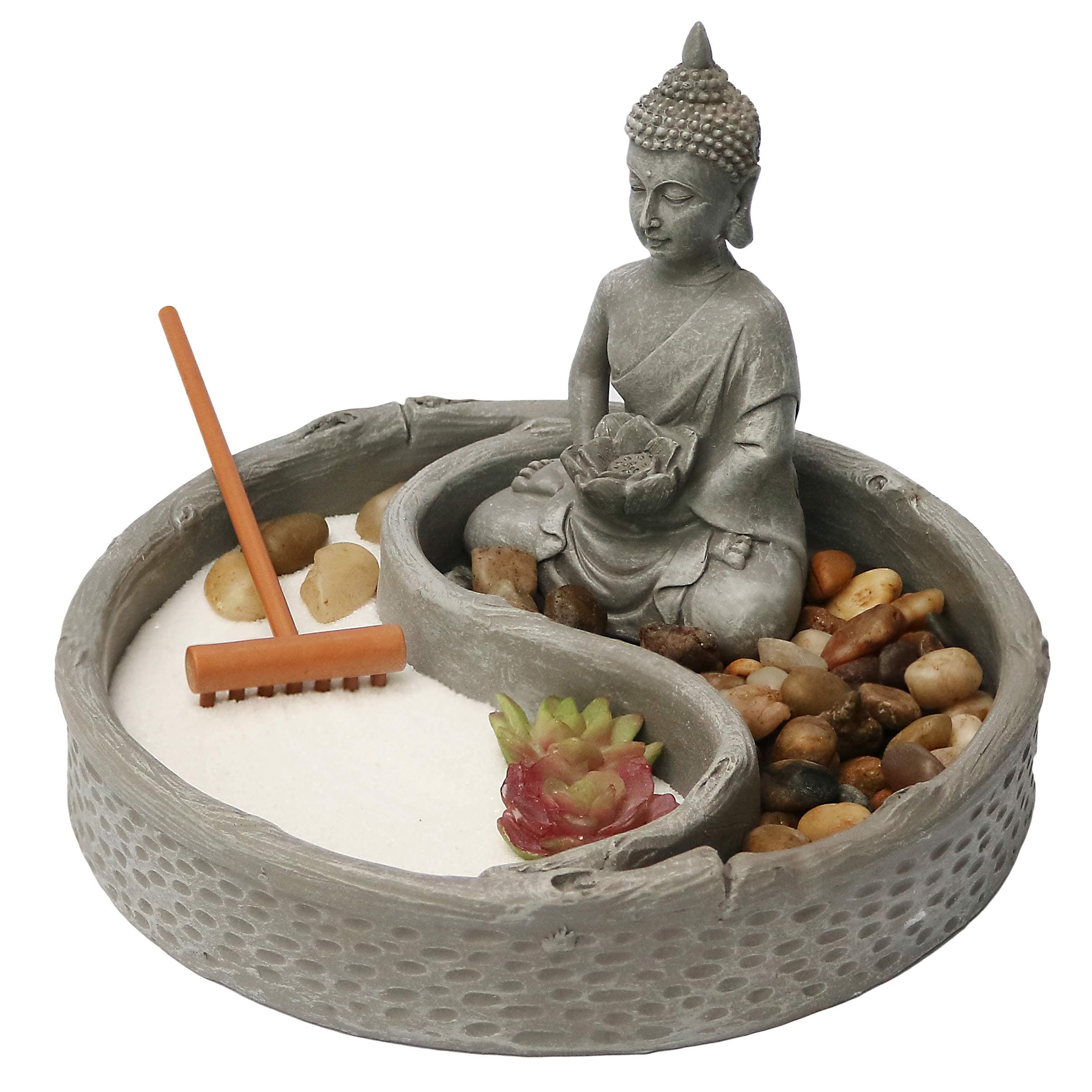 Mini Zen Garden Kit for Desk with Lotus, Buddha Figures, Rake and Natural Sand River Rocks Table/Desk Décor Gift Set for Home and Office 6 x 6 Inches Round Base