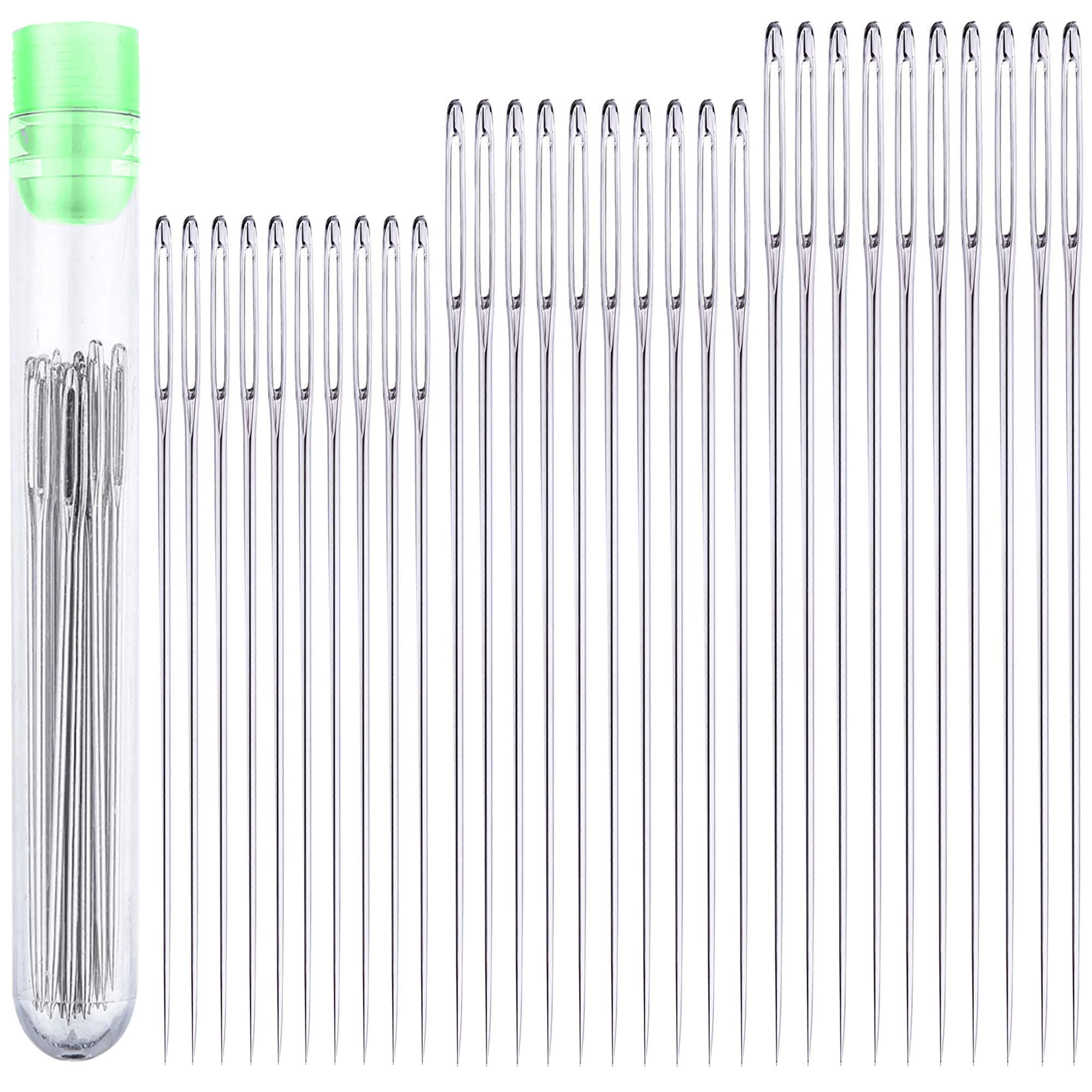 30 Large Eye Stitching Needles - 3 Sizes - Big Eye Hand Sewing Needles in Clear Storage Tube