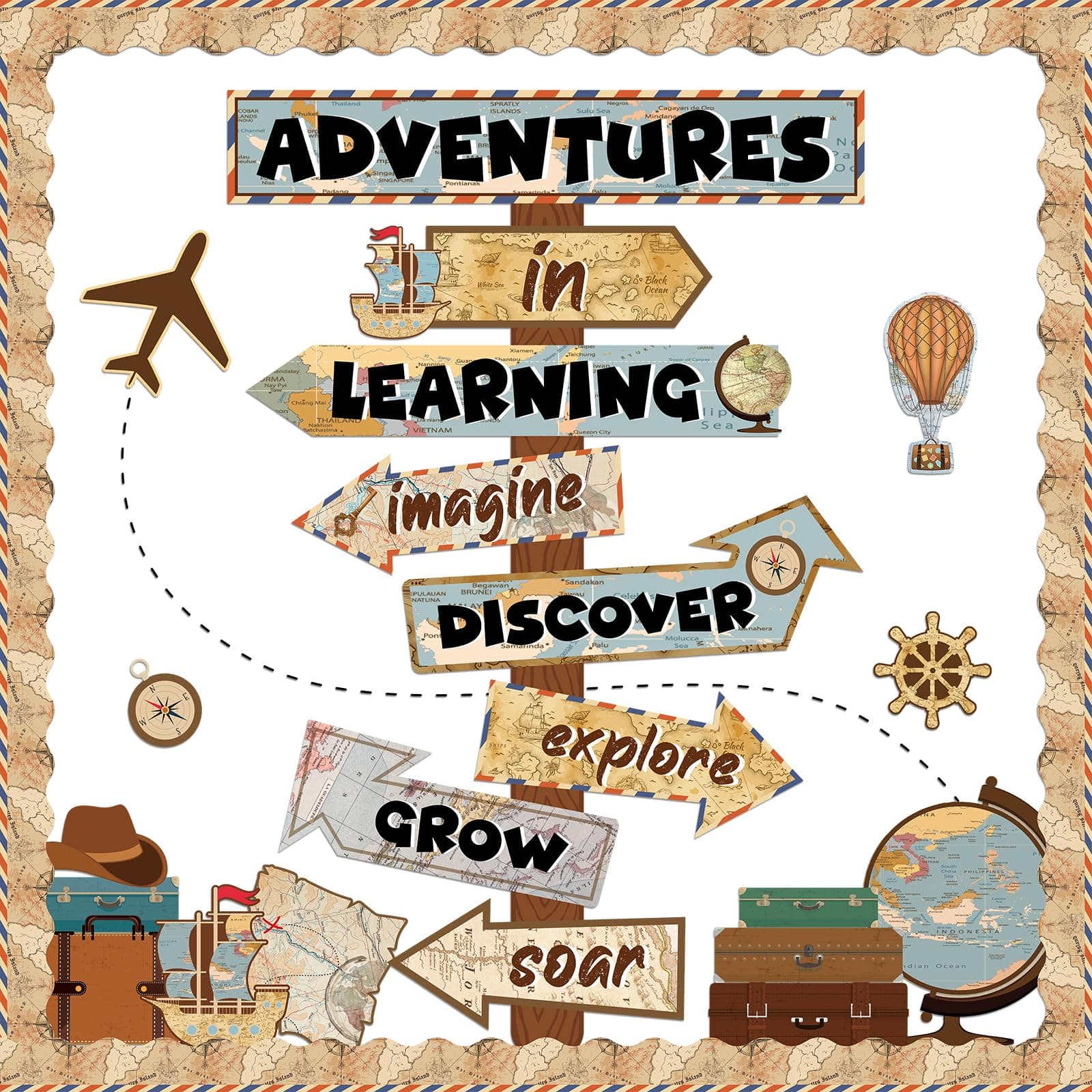 Travel The Map Bulletin Board Let The Adventure Begin Cutouts Classroom Decorations Travel Theme Motivational Sign for Kids Let's Explore Voyage Bulletin Cutouts Classroom Decor
