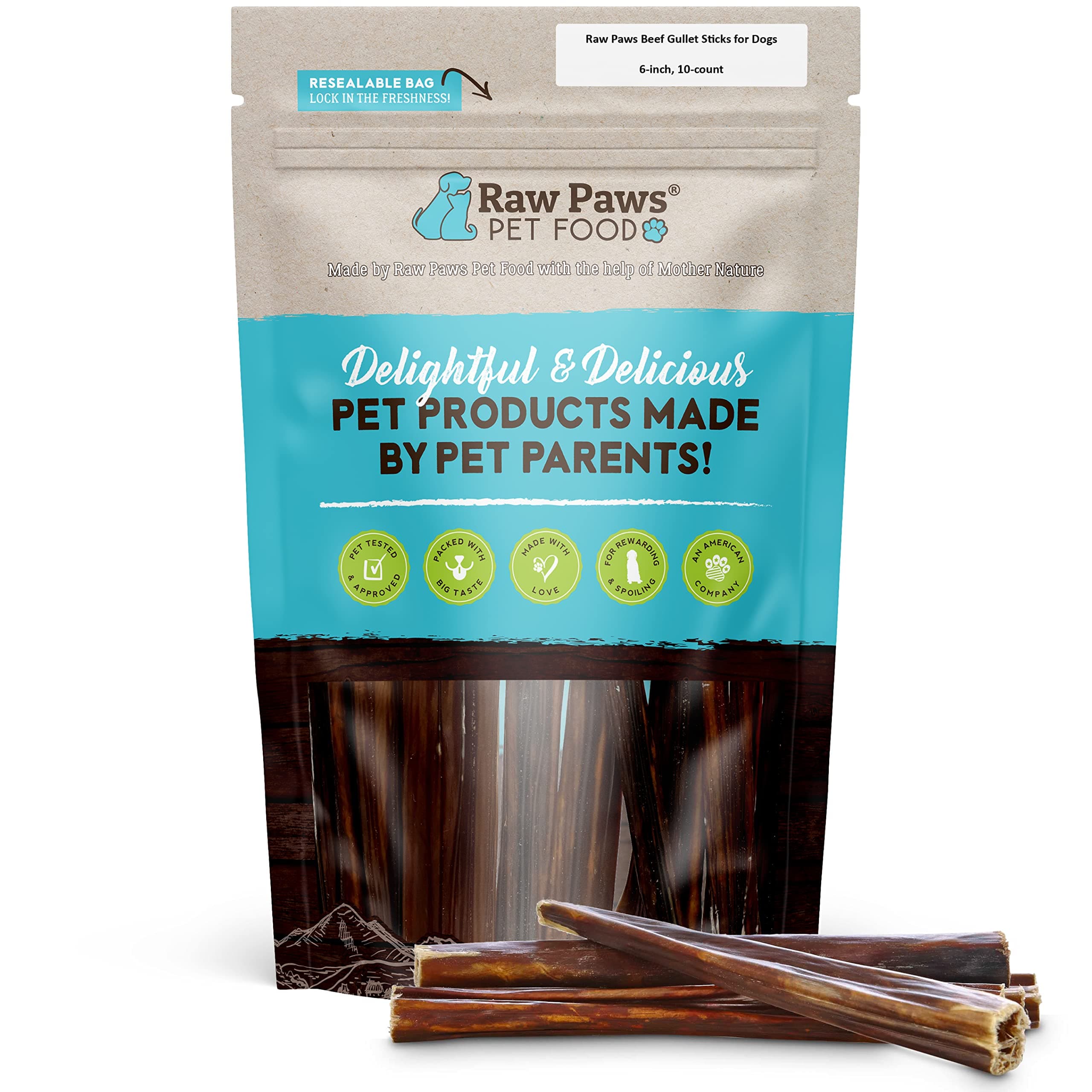 Raw Paws Beef Gullet Sticks for Dogs, 6-inch (10-Count) - Free-Range Cows Raised Without Antibiotics or Added Hormones - Gullet Sticks for Small to Large Dogs - Beef Esophagus Dog Treats