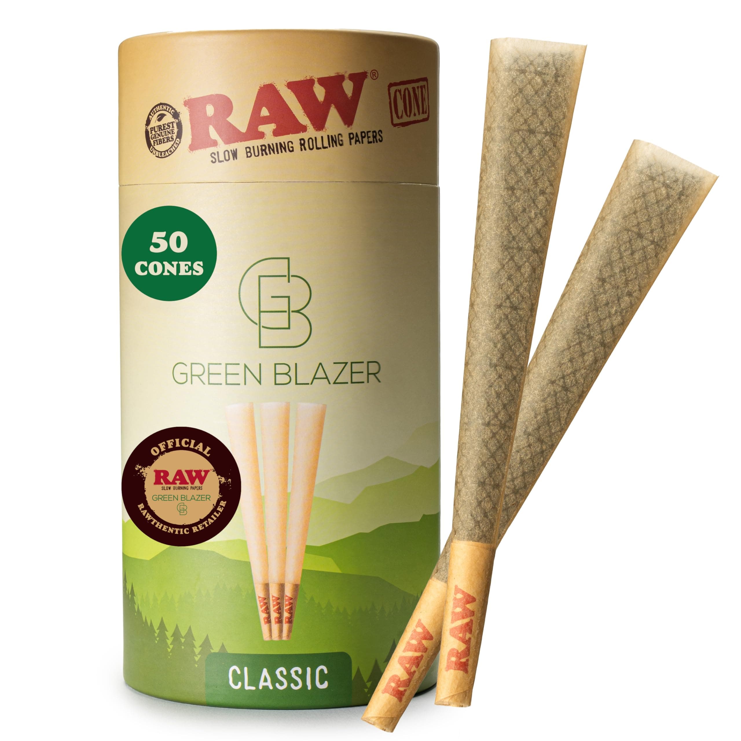 RAW Cones 1 1/4 Size: 50 Pack Patented Slow Burning Pre Rolled Rolling Papers & Tips, Classic Raw Paper, 84mm