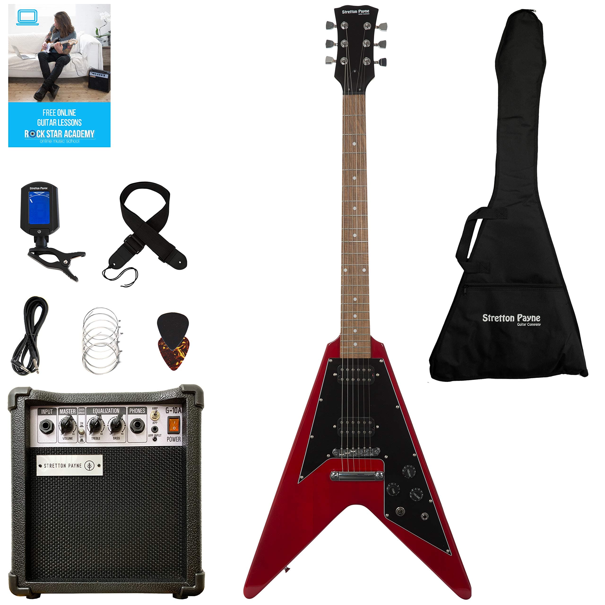 Stretton Payne Flying V Electric Guitar with practice amplifier, padded bag, strap, lead, plectrum, tuner, spare strings. Guitar in Cherry Red