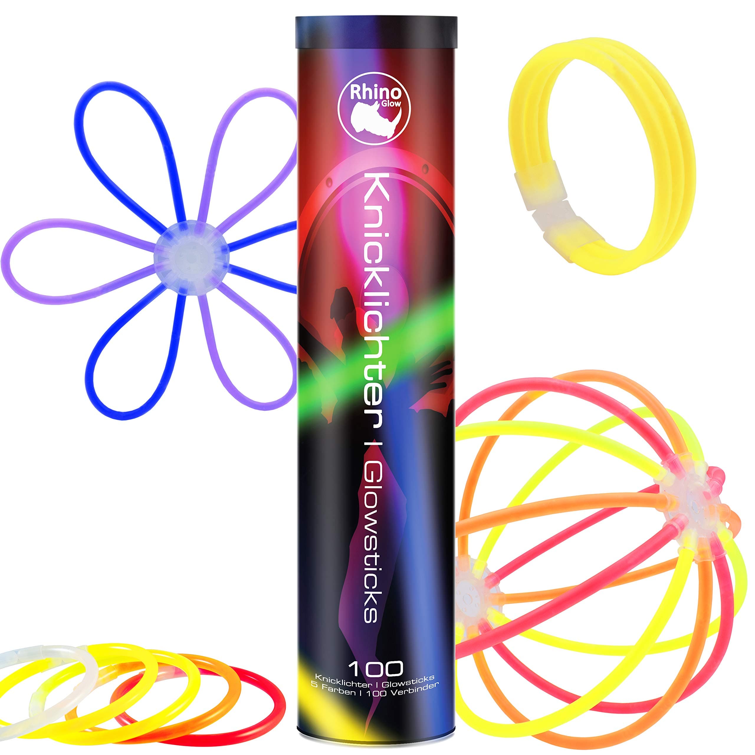 Lumare Rhino Glow Branded Glow Stick Set Including Connectors for Bracelets, Chains, Glow Sticks in Blue, Green, Red, Yellow and Orange, Colourful Party Fun for Children and Adults
