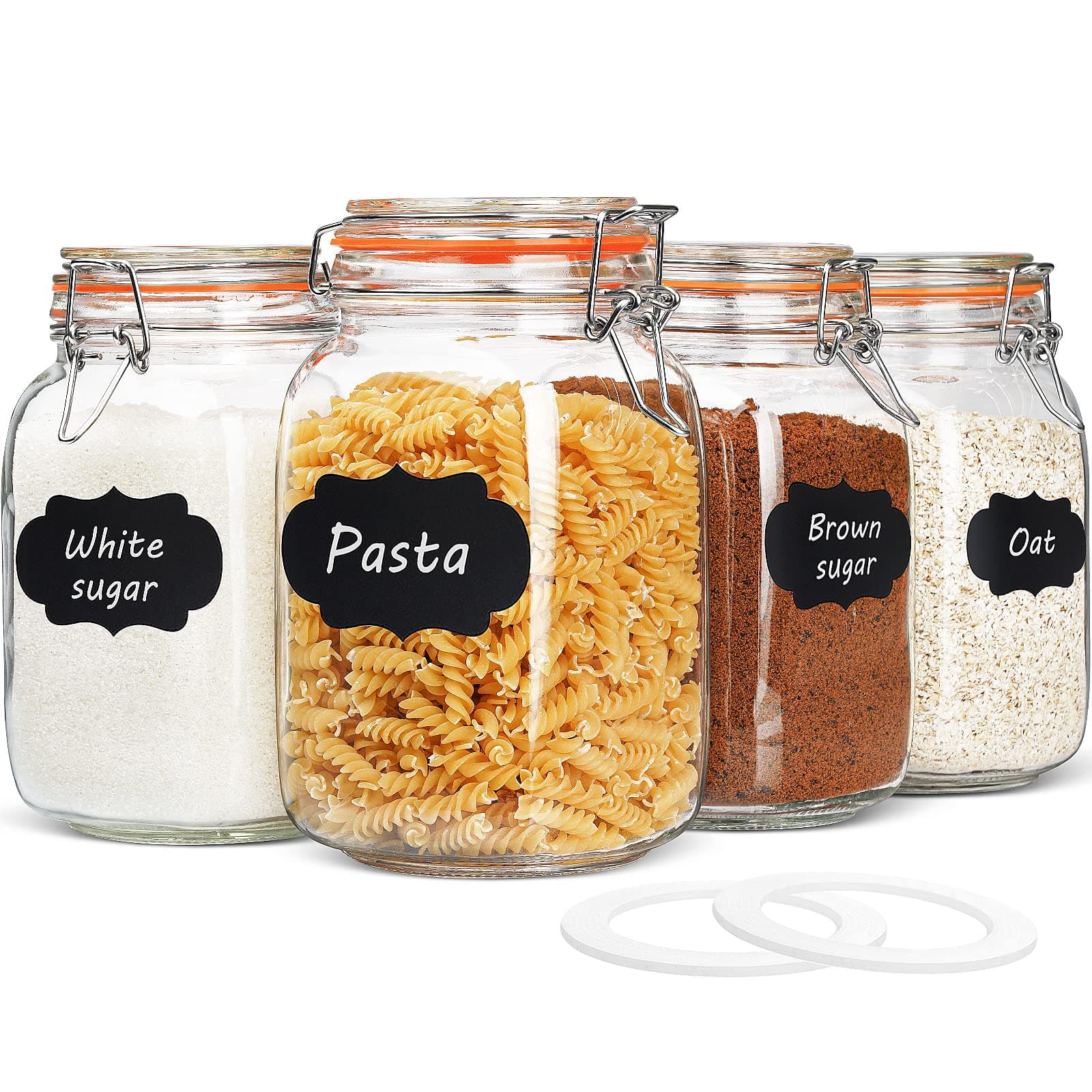 50 oz Glass Jars with Airtight Lids, Wide Mouth Mason Jars with Clip Top Lids for Kitchen - Square Glass Jars with Chalkboard Labels and Replacement Silicone Gaskets, Set of 4
