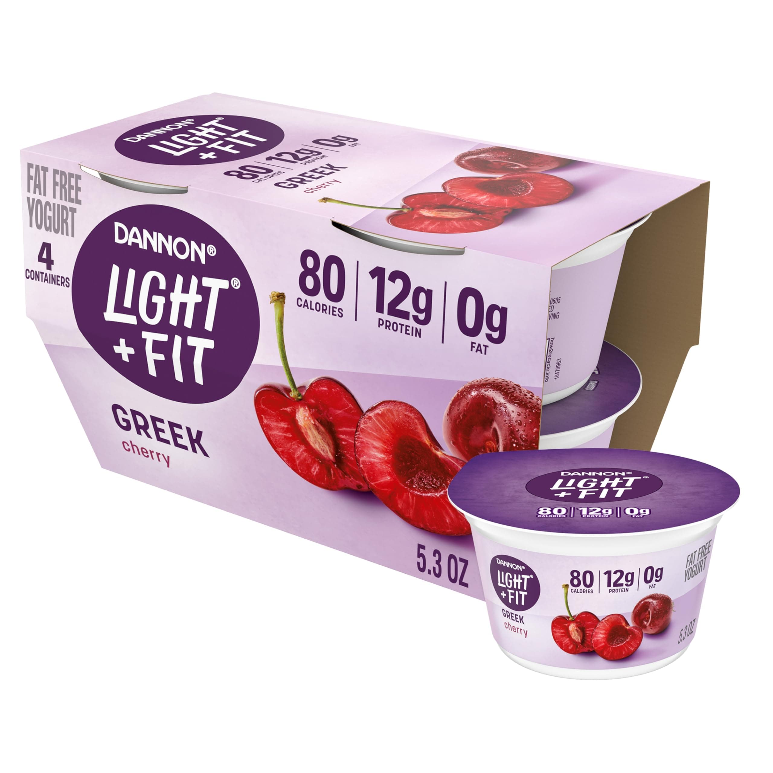 Dannon Light + Fit Greek Nonfat Yogurt, Cherry, Gluten-Free, 5.3 oz., 4 Pack