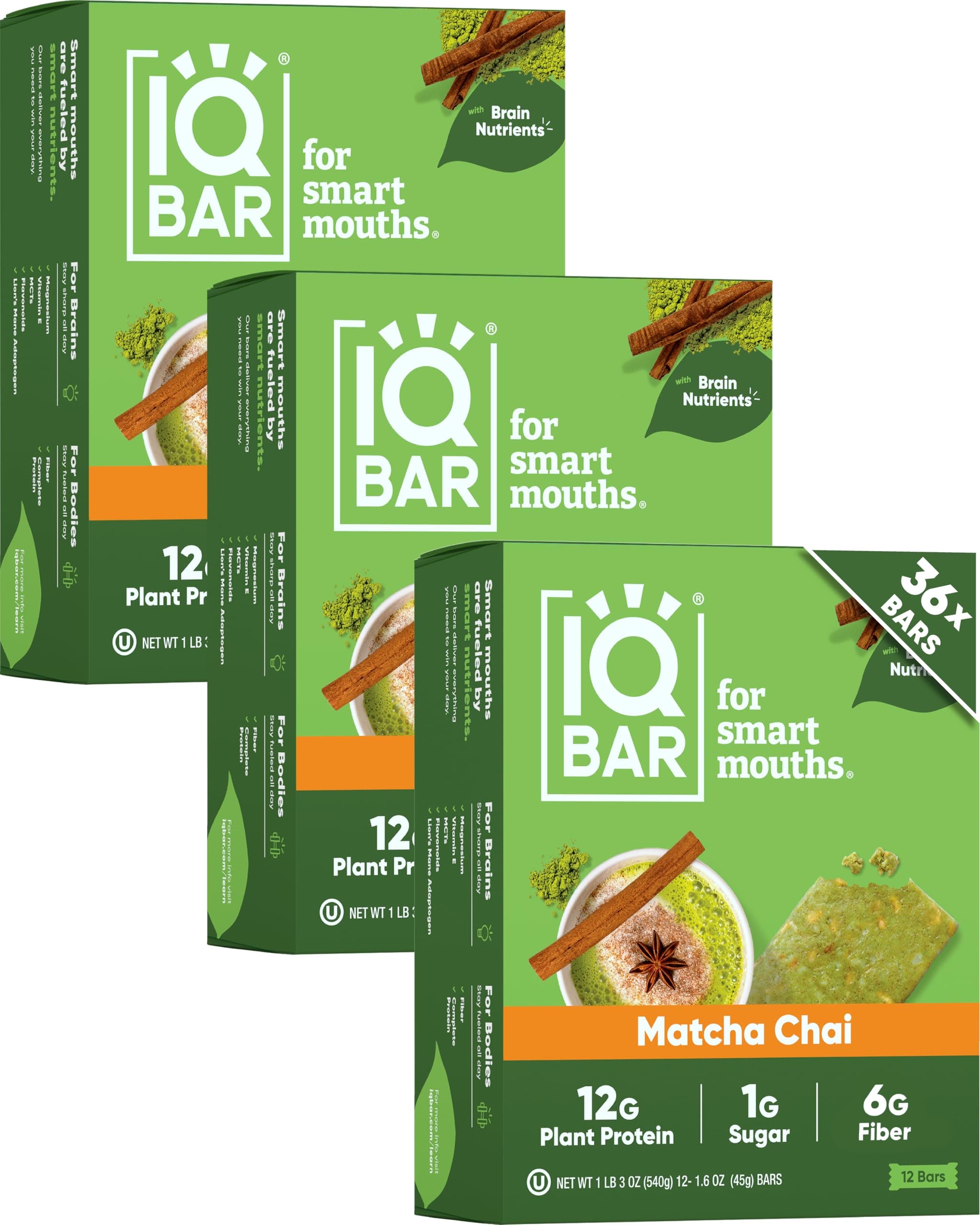 IQBAR Brain and Body Keto Protein Bars - Matcha Chai Keto Bars - 36-Count Energy Bars - Low Carb Protein Bars - High Fiber Vegan Bars and Low Sugar Meal Replacement Bars - Vegan Snacks