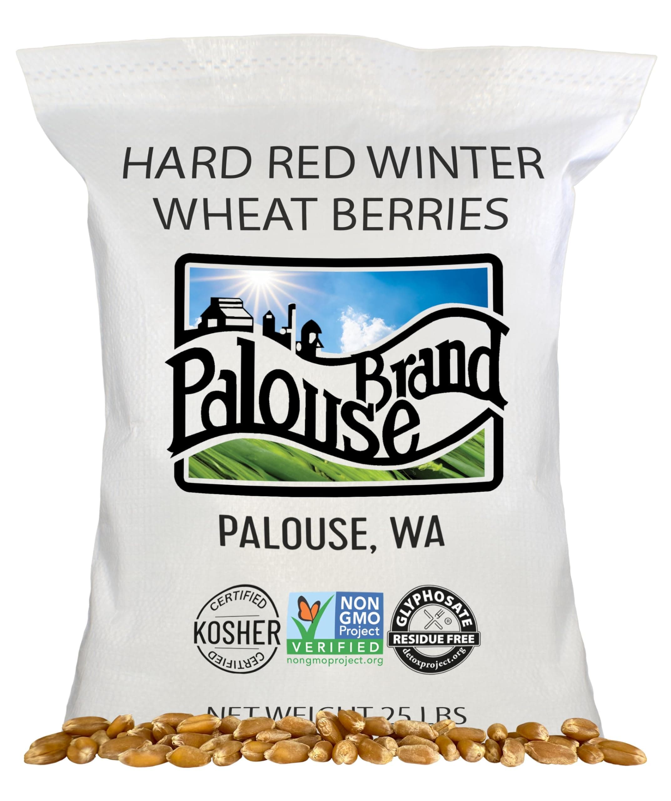 Palouse Brand Certified Glyphosate Residue Free Hard Red Winter Wheat Berries | 25 LBS | Desiccant Free | Sproutable | Non-GMO Project Verified | Kosher