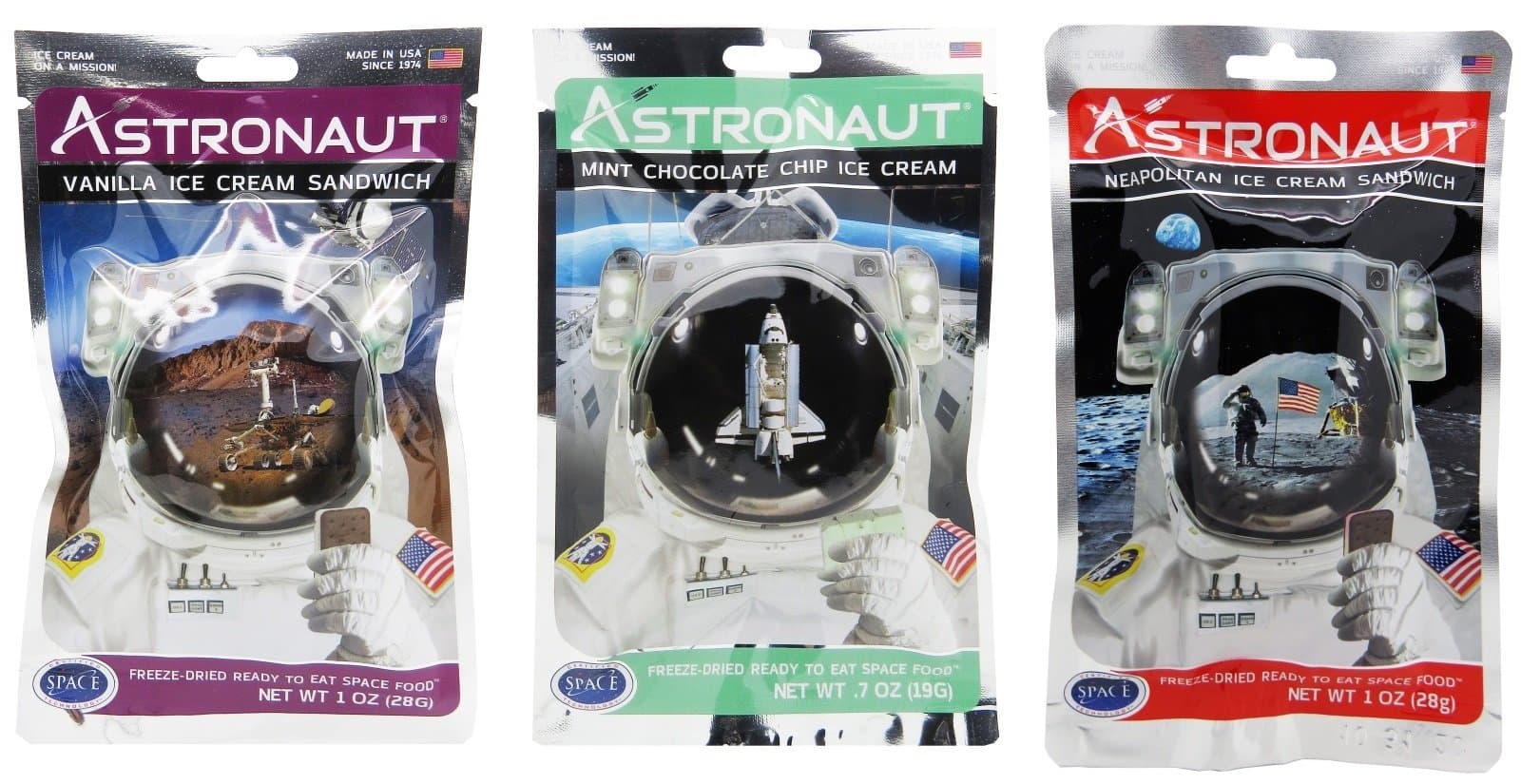 Astronaut Food Freeze-Dried Ready To Eat Space Food Ice Cream 3 Flavour Variety Bundle - 3 Packets Neopolitan Ice Cream , Mint Chocolate Chip Ice Cream and Ice Cream Sandwich