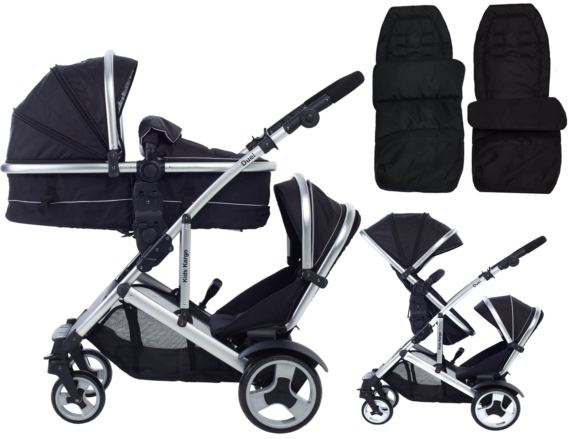 Kids Kargo Duel DS + Carrycot Liner/Mattress Insect net Carrycot Converts to Seat Unit. Also Includes 2 Raincovers, 2 footmuffs, Midnight Black, Double Tandem Pushchair