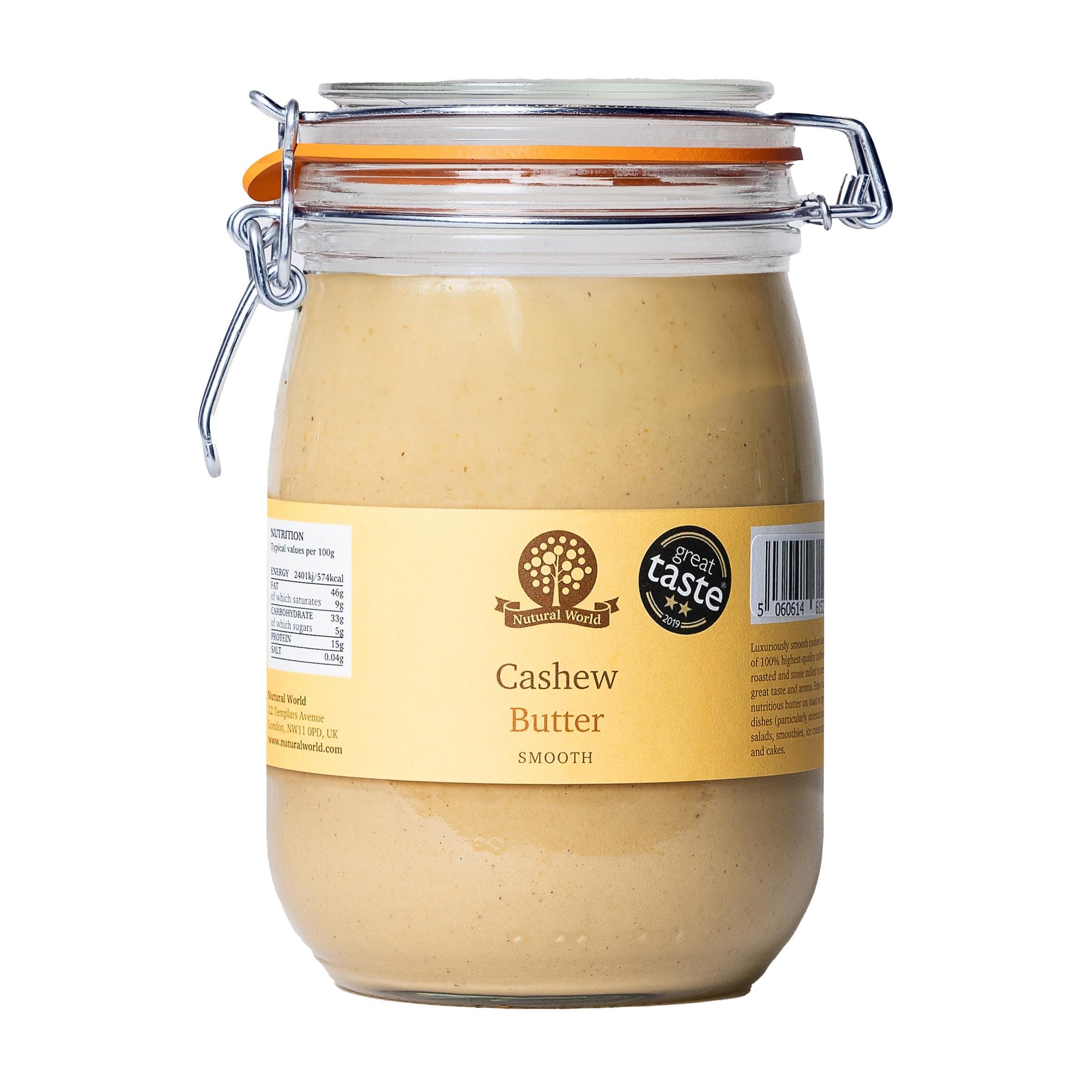 Nutural World - Smooth Cashew Nut Butter (1kg) *** Reusable Glass Jar *** Great Taste Award Winner - 100% Pure - single ingredient