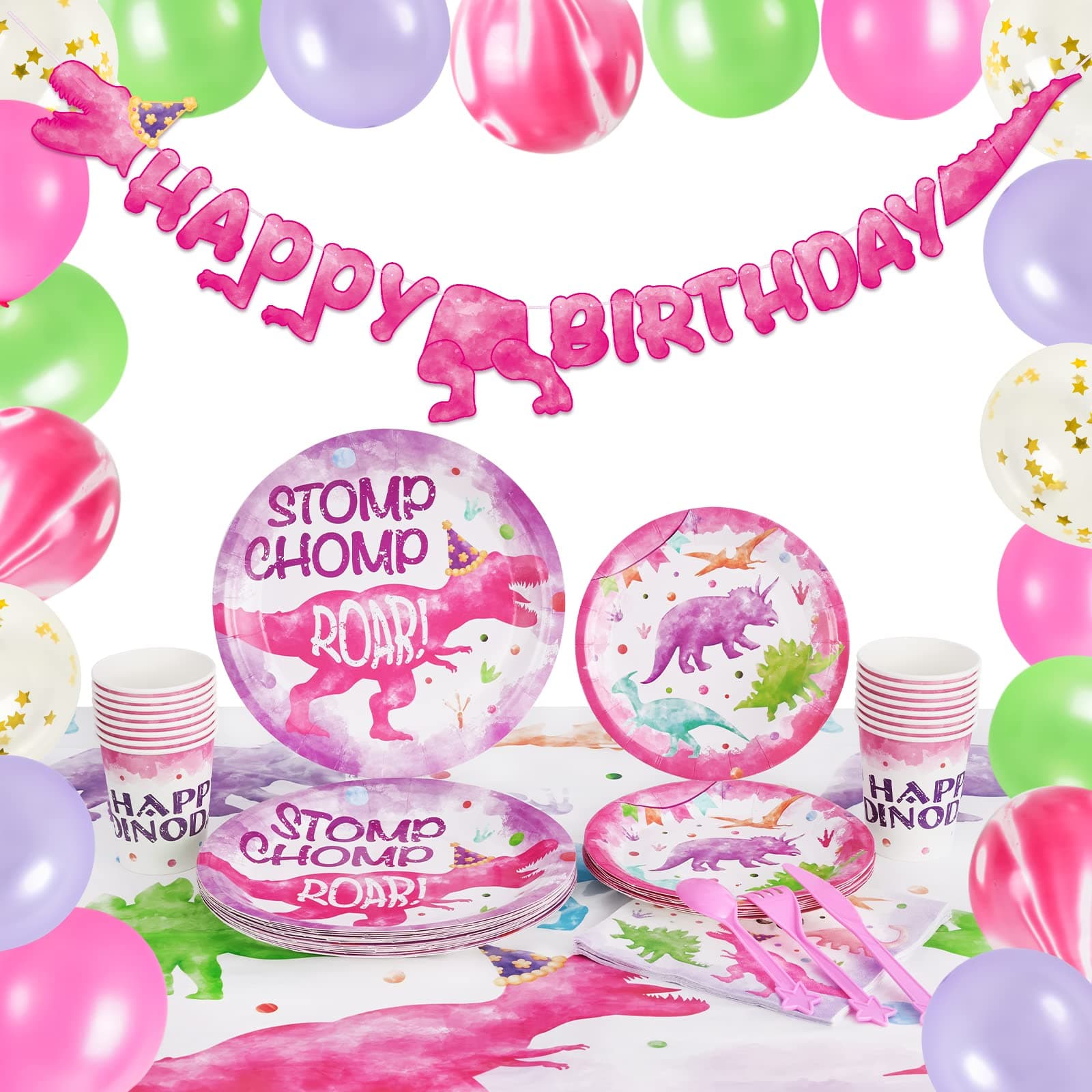 WERNNSAI Pink Dinosaur Birthday Decorations - 137 PCS Girl Dinosaur Party Decorations for Kids Party Banners Balloons Plates Cups Napkins Tablecloth Cutlery Bags Tableware Set Serves 16 Guests