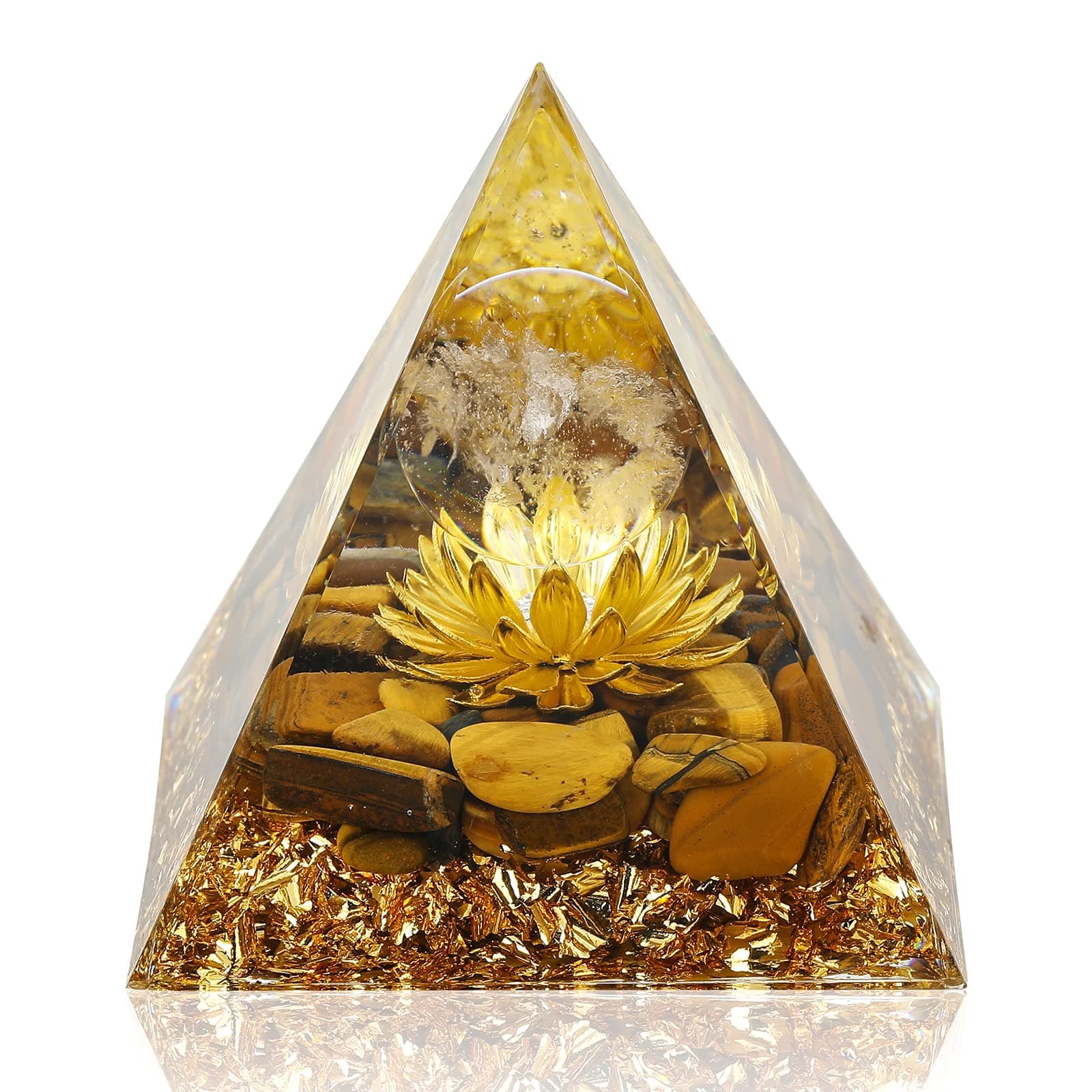 Hopeseed Orgone Pyramid Flower of Life Orgonite Money Healing Crystals Pyramid for Positive Energy with Tiger's Eye Stones and Luck White Crystal that Promotes Wealth, Prosperity and attracts Success