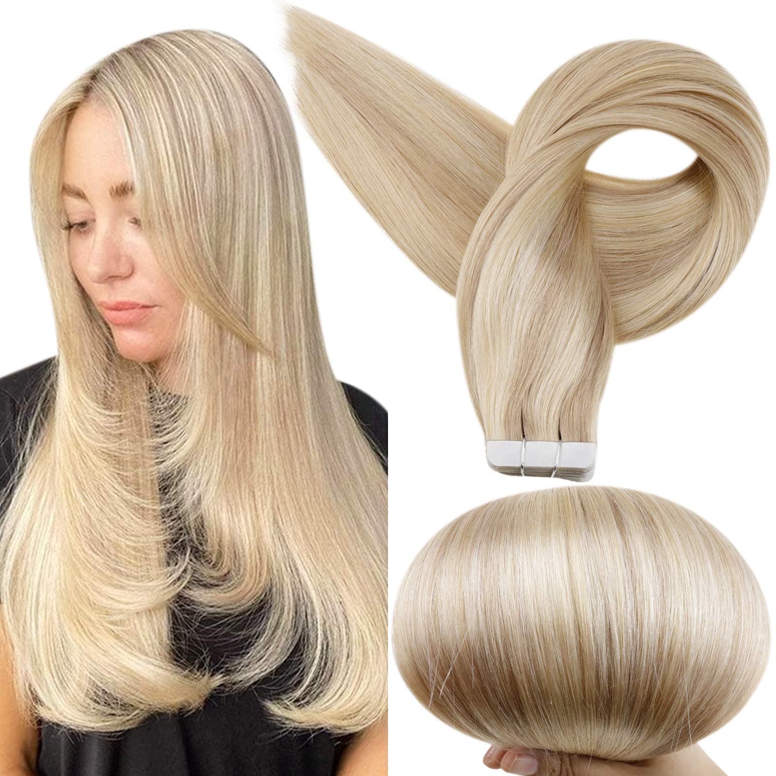 Full ShineTape in Hair Extensions 20 Inch Tape in Human Hair Remy Hair Tape in Extensions Color 16/22 Golden Blonde Highlighted Light Blonde Hair Extensions 50 Gram 20pcs Seamless Skin Weft Hair