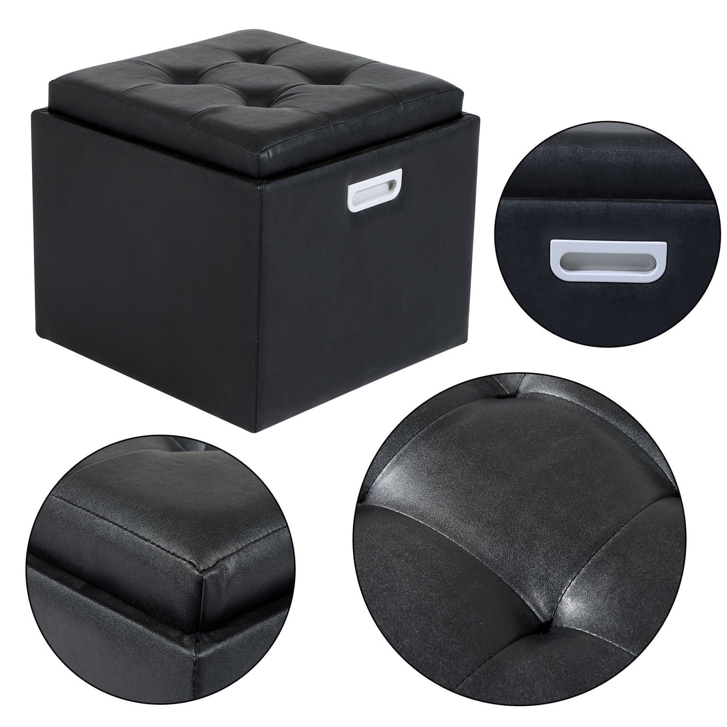 HOMCOM Storage Foot Stool Ottoman PU Faux Leather Footstool Pouffe Footrest Single Seat Cube Box w/ Lid (Black)