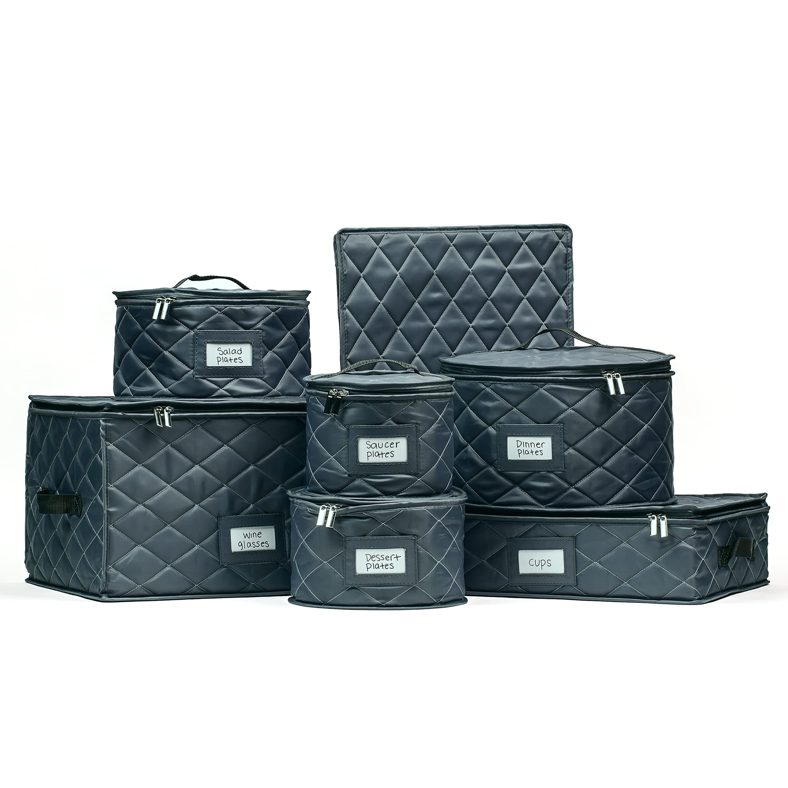 Teemto China Storage Containers Quilted. 7PC Dishes Storage Kit with 48 Cut-to-Size Felt Inners. Fine China Storage, Plate Platter Storage, Glass and Dish Storage, Crystal Stemware, Moving Supplies