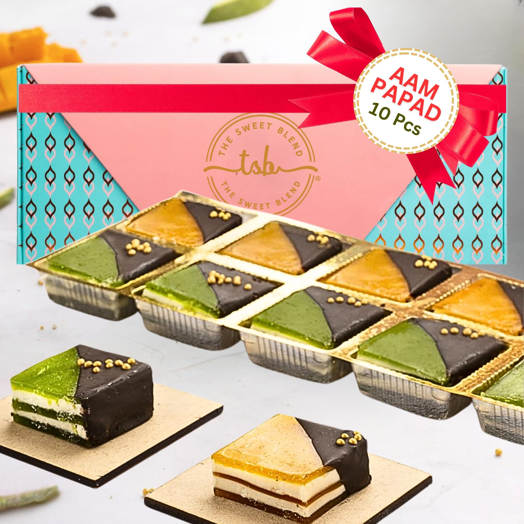 THE SWEET BLEND Assorted Sweets | Mango Bite, Khatta Meetha Aam Papad & Kaccha Aam with Chocolate | Sweet & Tangy Indian Mithai | Gift Hamper Box | 250 g (10 pcs) |Ideal for Diwali