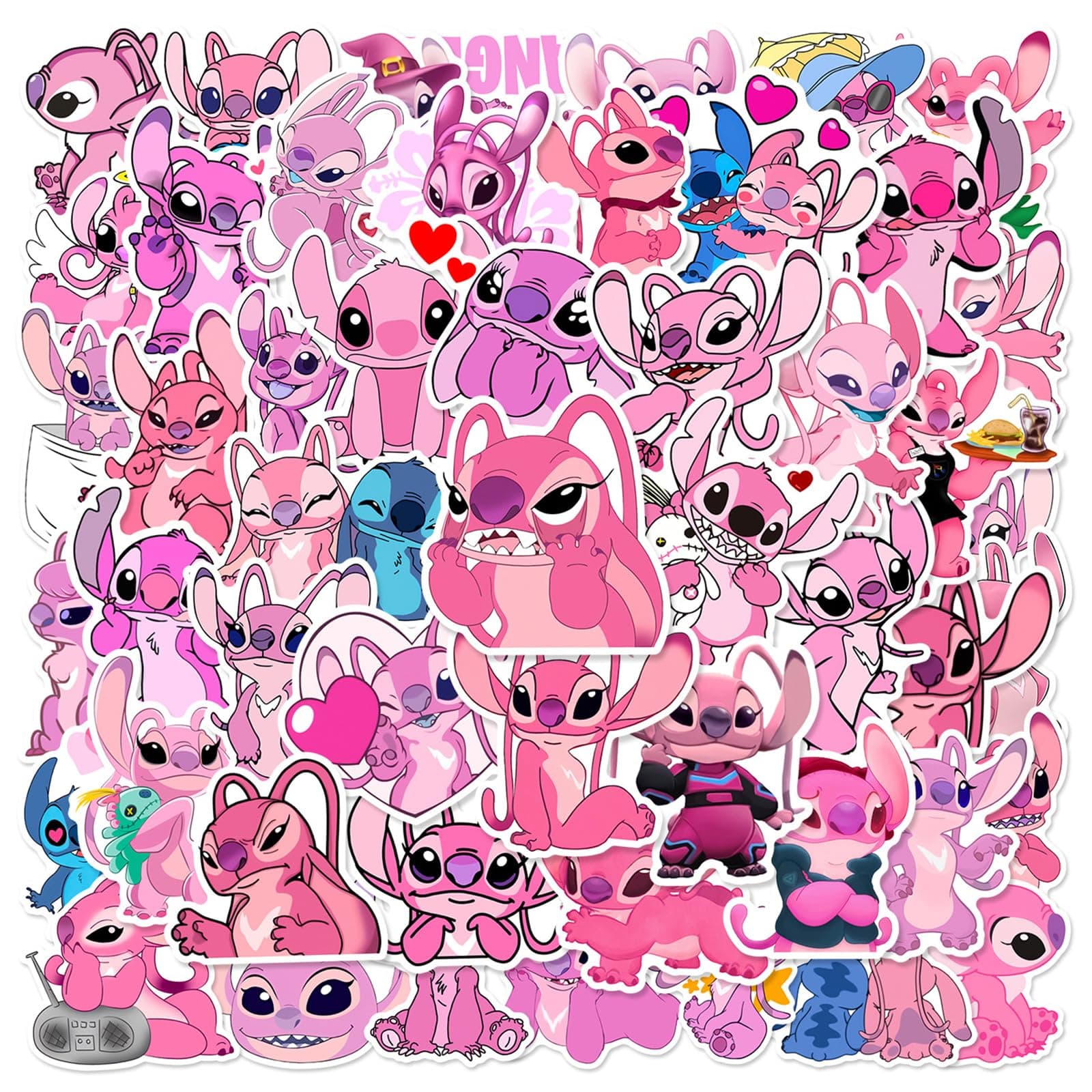 Lilo Stitch 50 Pcs Kids Water Bottle Cute Cartoon Stitch Waterproof Vinyl Decal for Teens Girls Adults Laptop Skateboard Phone Guitar Travel Case Bike (Pink Stitch)