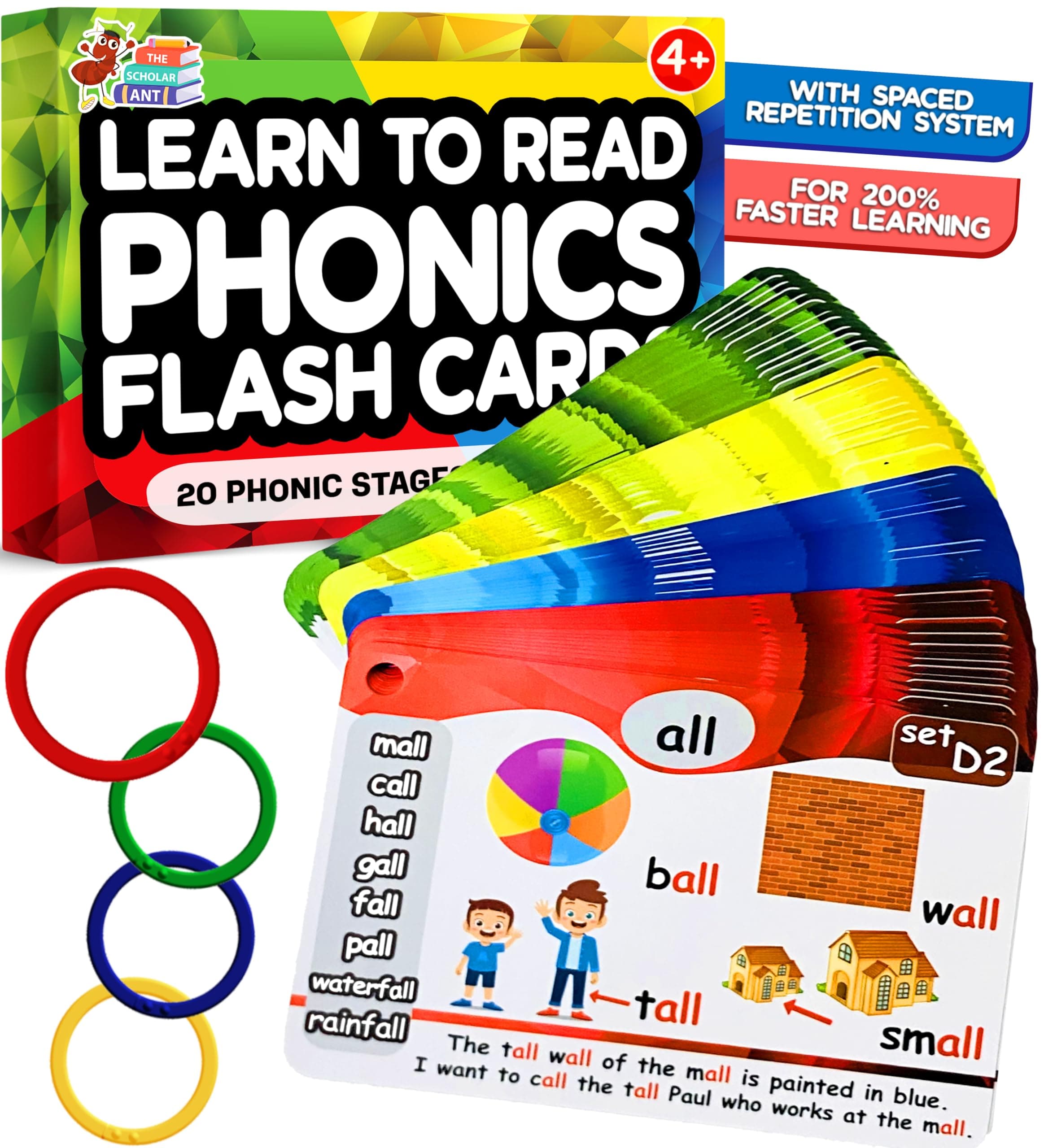 THE SCHOLAR ANT Phonics Flash Cards - Learn to Read in 20 Phonic Stages - Digraphs CVC Blends Long Vowel Sounds - Phonics Games for Kids Ages 4-8 Kindergarten First Second Grade Homeschool Educational