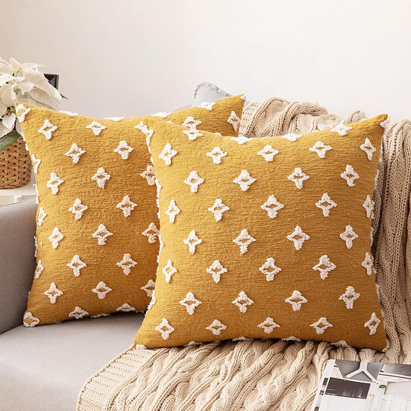 MIULEE Set of 2 Decorative Throw Pillow Covers Rhombic Jacquard Pillowcase Fall Soft Square Cushion Case for Couch Sofa Bed Bedroom Car Living Room 18x18 Inch Yellow
