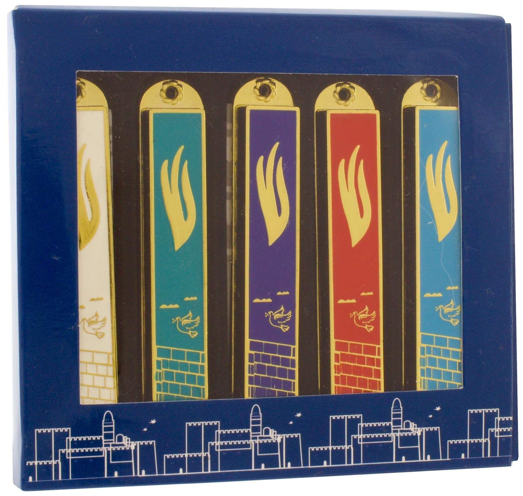 Meir Cohen Pack of 5 Assorted Colour Enameled Metal Mezuzah Cases, 8.8cm, Western Wall