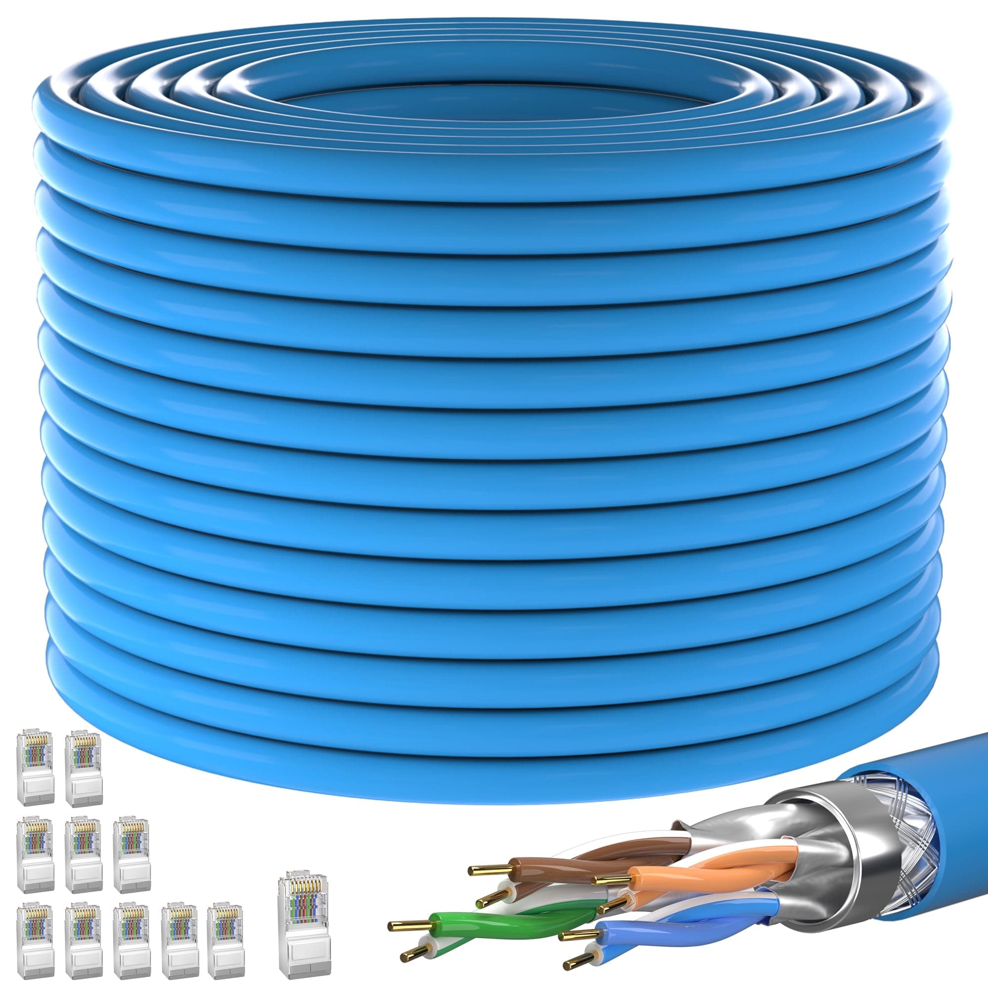 Cat 7 Outdoor Ethernet Cable 200ft (10 RJ45), SFTP Triple Shielded Ethernet Cable Indoor, Bulk Cat7 Cable, High-Speed 10Gbps 600MHz, Direct Burial, Waterproof, UV Resistant, Network, for Router
