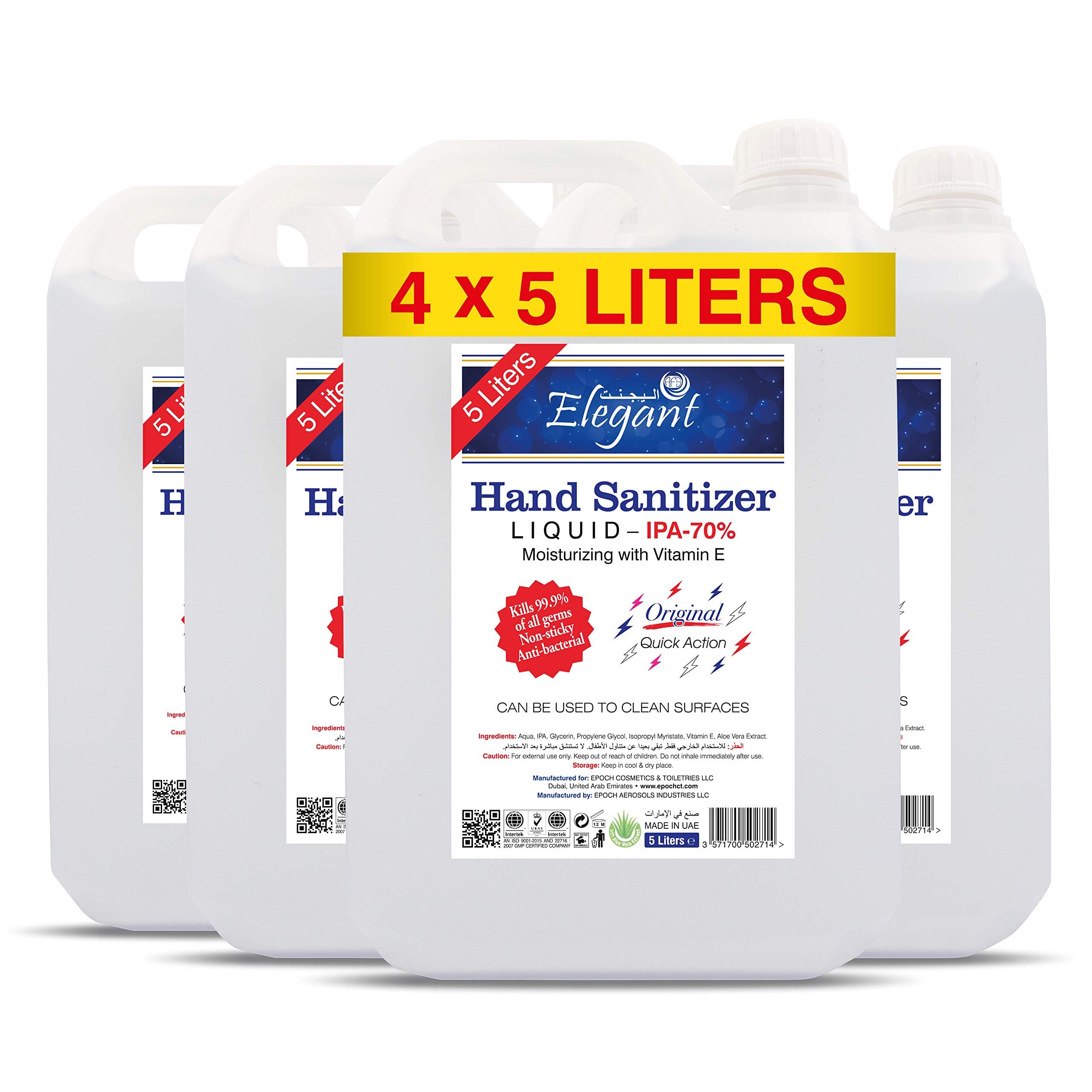 Elegant Hand Sanitizer Liquid Refill – 5 liter – Pack of 4 – 70% IPA – Extra Hygienic – Moisturizers & Vitamin E