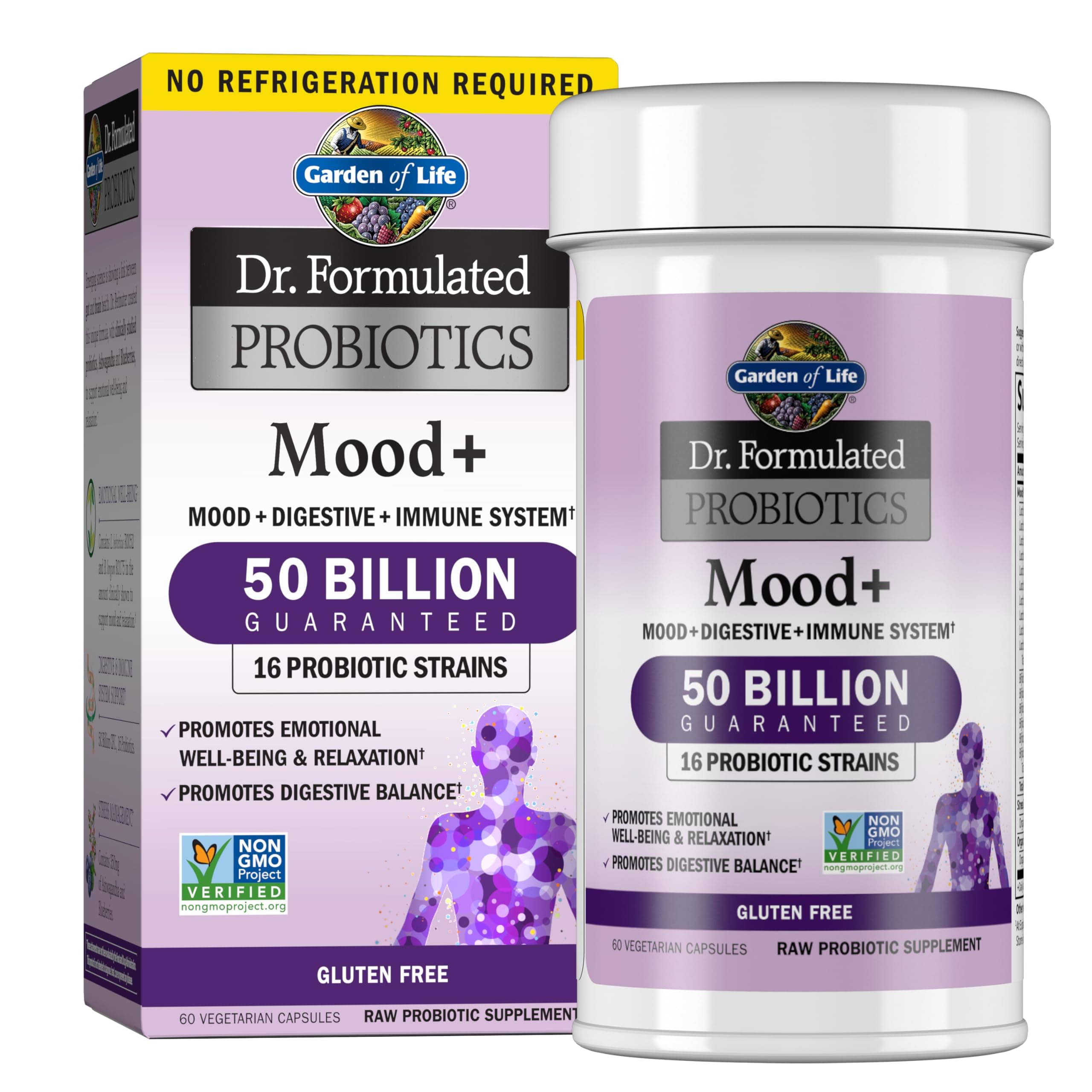 Dr. Formulated Probiotics Mood+ - Acidophilus Probiotic Supplement - Promotes Emotional Health, Relaxation, Digestive Balance, Gluten Free - 60 Vegetarian Capsules *Packaging May Vary*