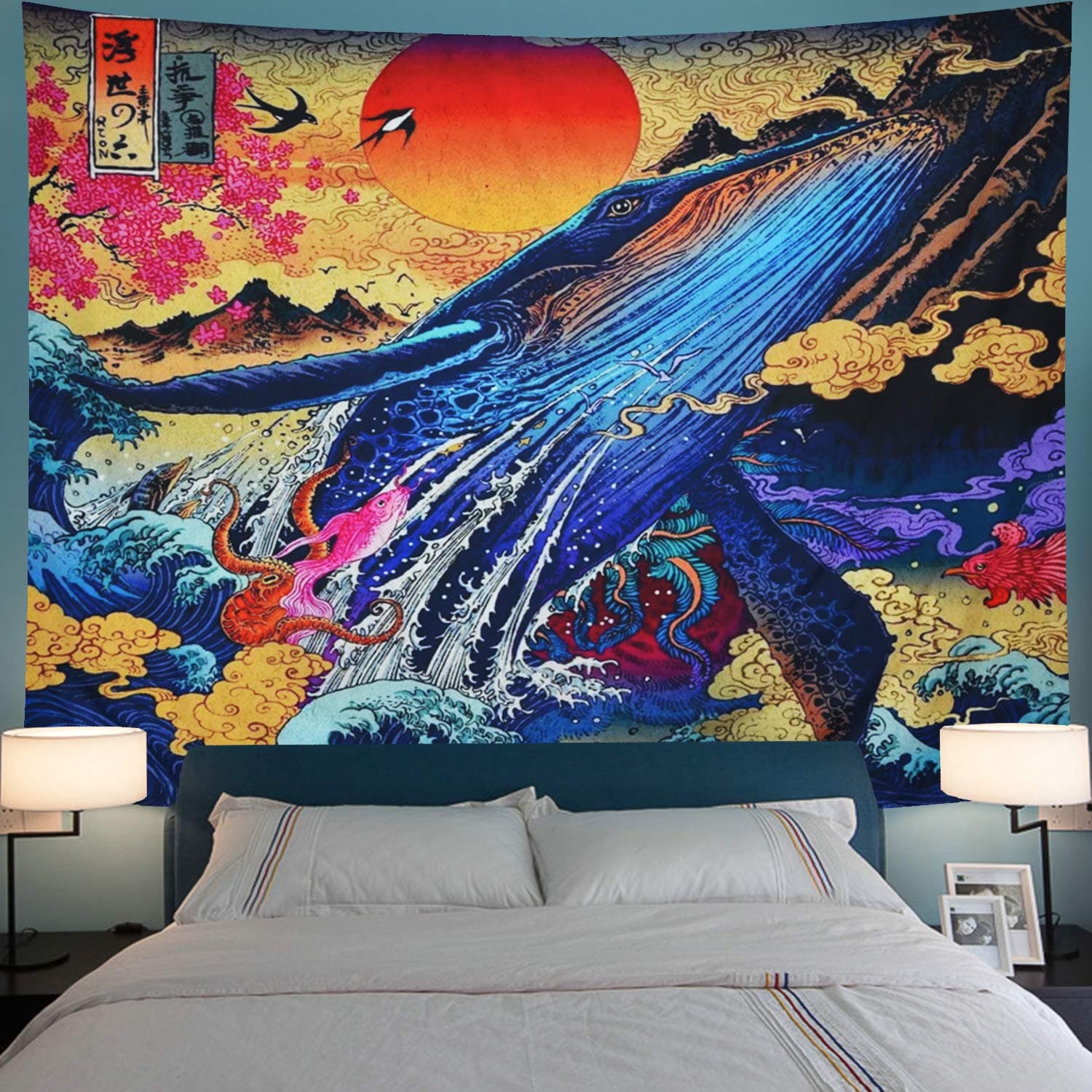 Sunset Great Wave Whale Tapestry Japanese Art Tapestry Ukiyo-e Print Ocean Landscape Wall Hanging Tapestry for Home Decorations (W59.1 × H51.2Inches)