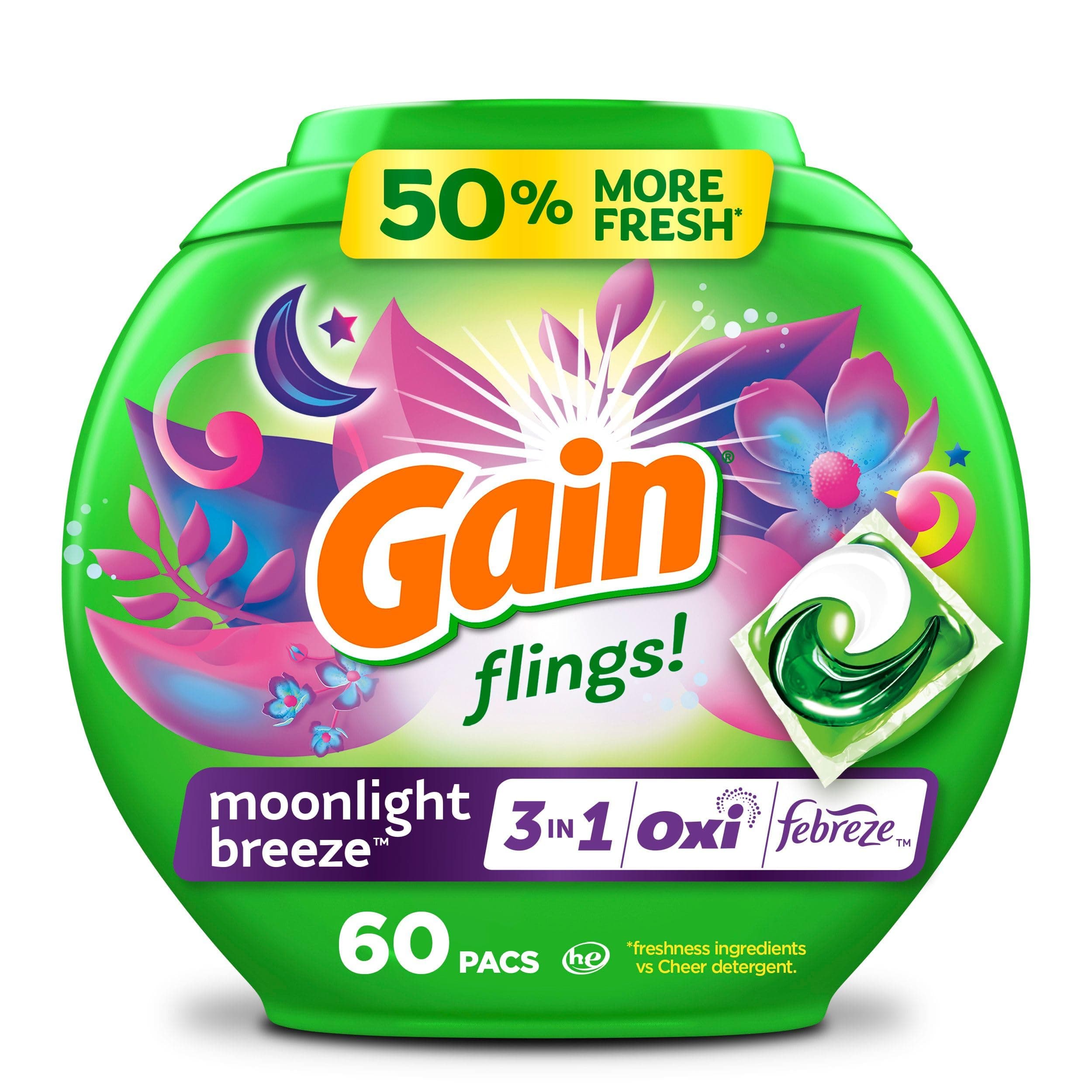 Flings! Laundry Detergent Soap Pacs, HE Compatible, Long Lasting Scent, Moonlight Breeze, 60 Count