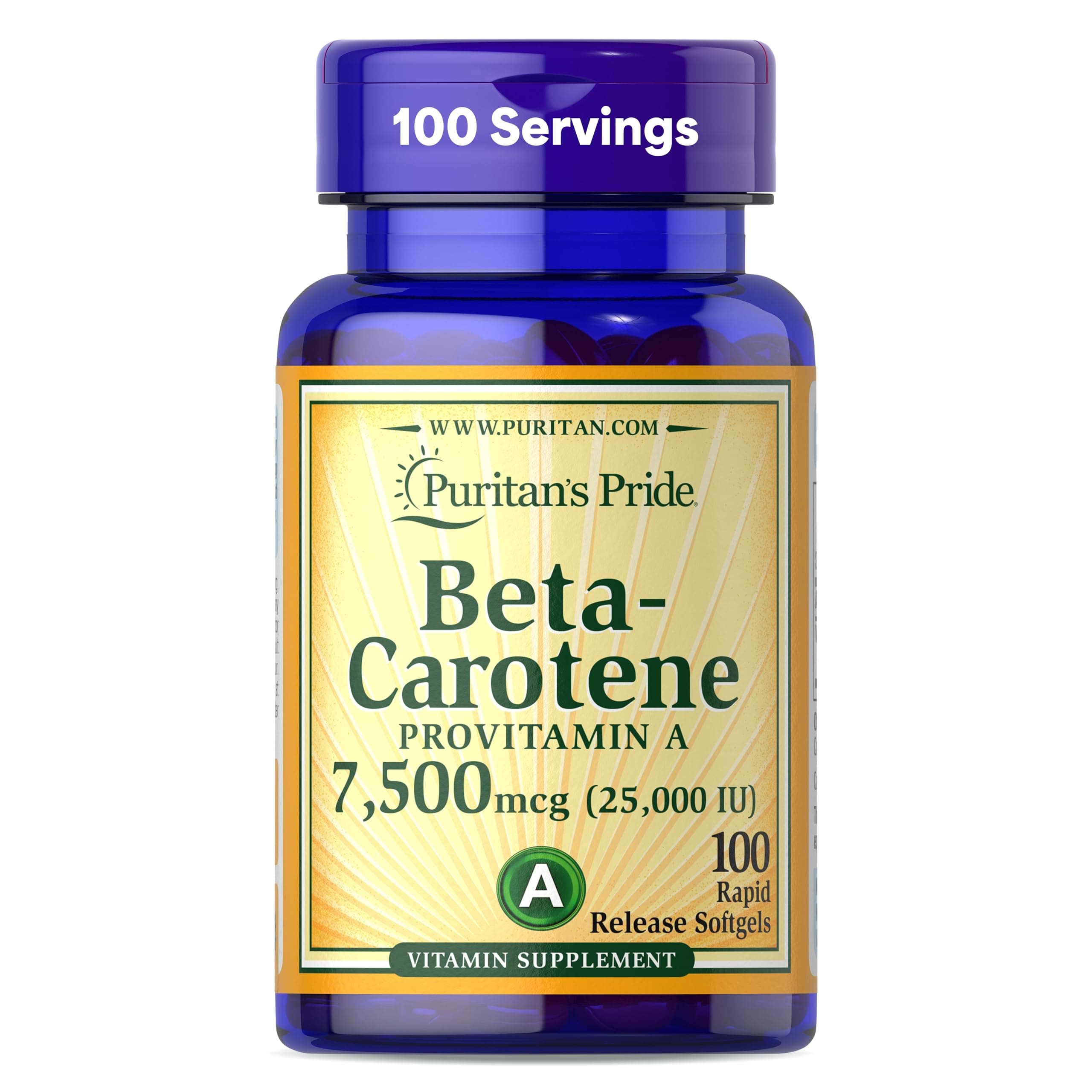 Beta Carotene Provitamin A 7,500mcg (25,000 IU), Vitamin Supplement for Immune System, Antioxidant and Eye Health Support, 100 Day Supply, 100 Rapid Release Softgels