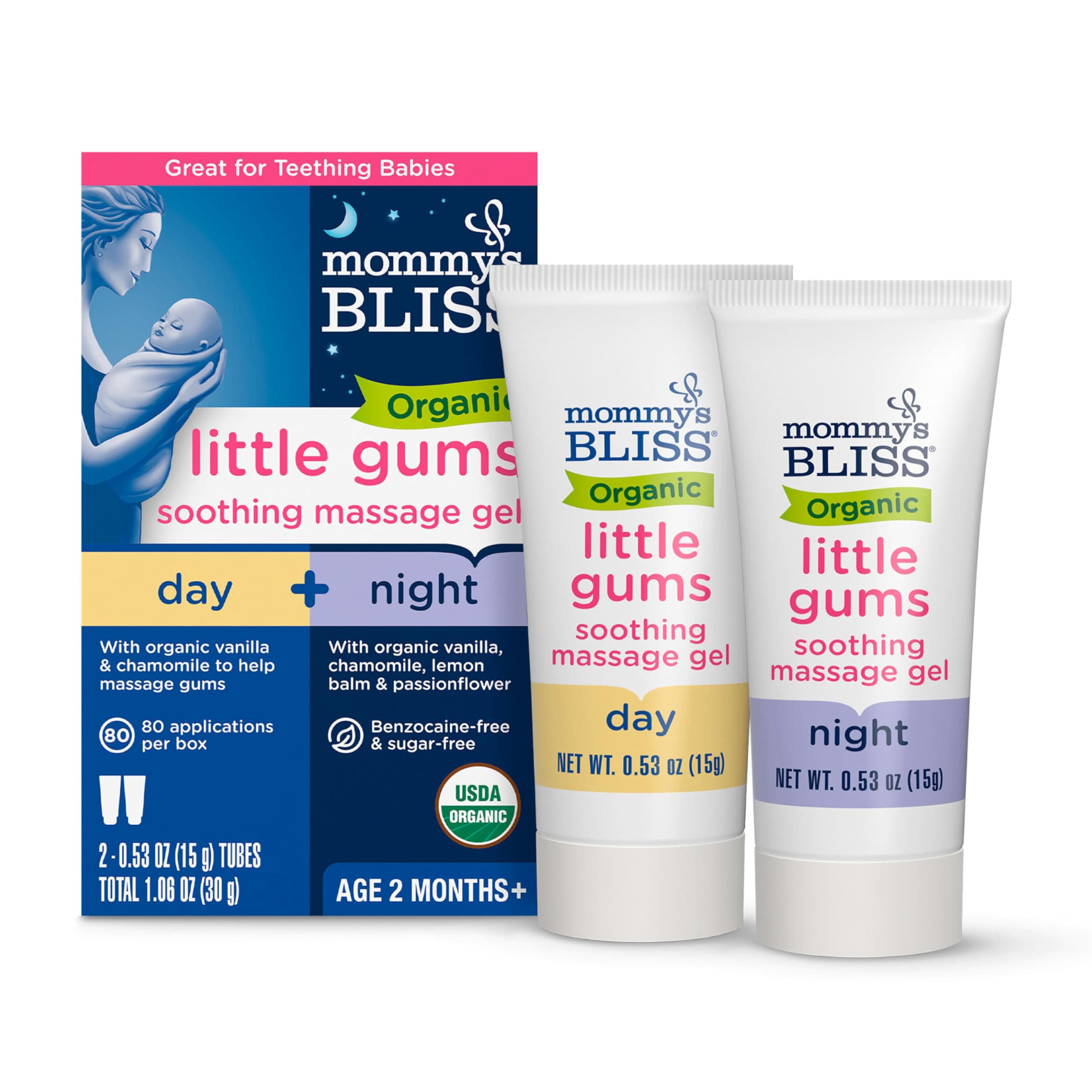 Organic Little Gums Soothing Massage Gel Day and Night Combo, Helps with Tender Gums, Age 2 Months+, Sugar Free, Mild & Sweet Flavor, 2-0.53 Oz Tubes (Pack of 1)