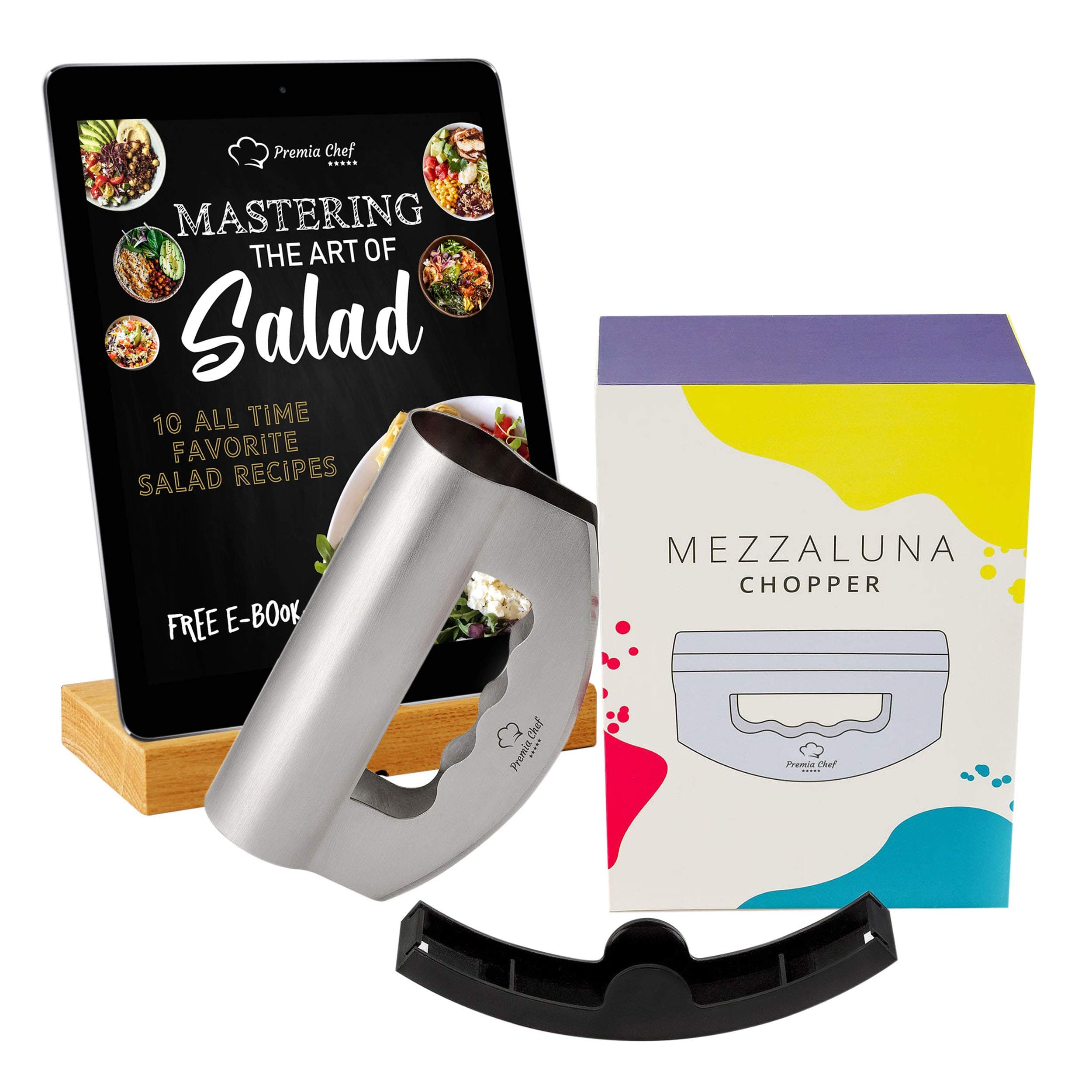 PremiaChef Salad Chopper - Complete Bundle - Stainless Steel Mezzaluna Knife with Double Blade Protective Cover and Storage Box - Multipurpose Premium Salad Chopper