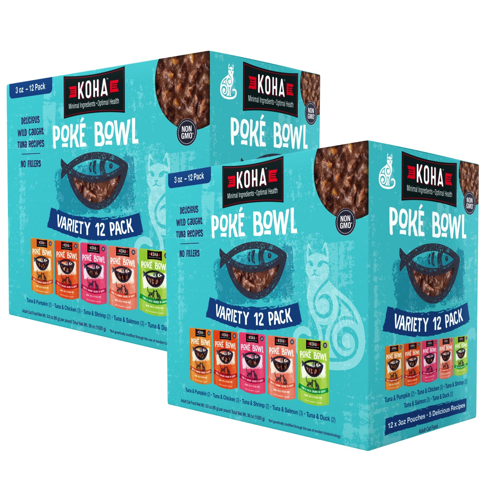 Pet Food Poké Bowl Cat Variety Pack, Wet Cat Food in Gravy - 5 Flavors - Tuna Combinations of Salmon, Chicken, Duck, Shrimp, and More - 3 oz Pouches, Pack of 24