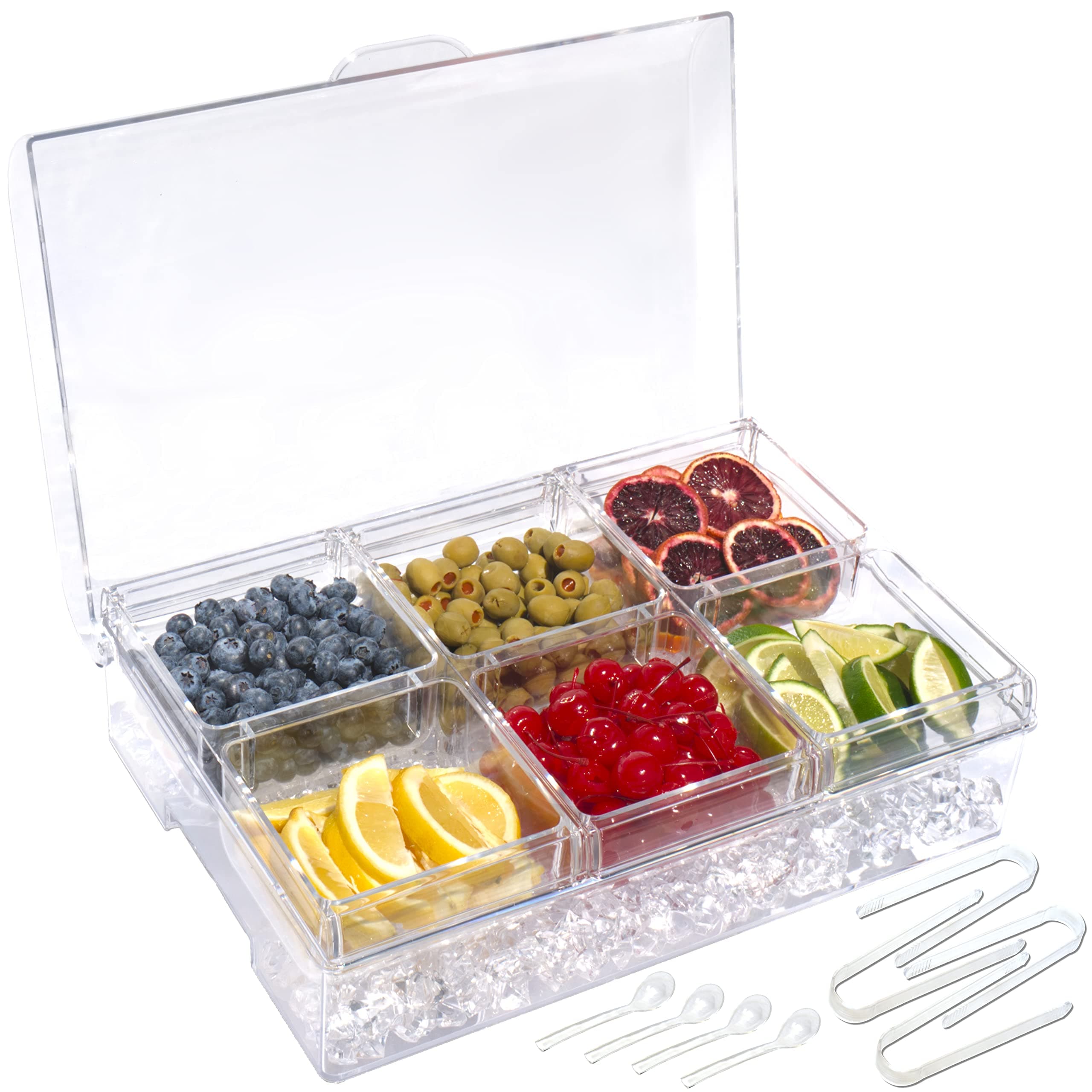 ImpiriLux Ice Chilled Six Compartment Condiment Server Caddy - Serving Tray Container with Removable Dishes with 3.5 Cup Capacity Each and Hinged Lid | 4 Serving Spoons + 4 Tongs Included