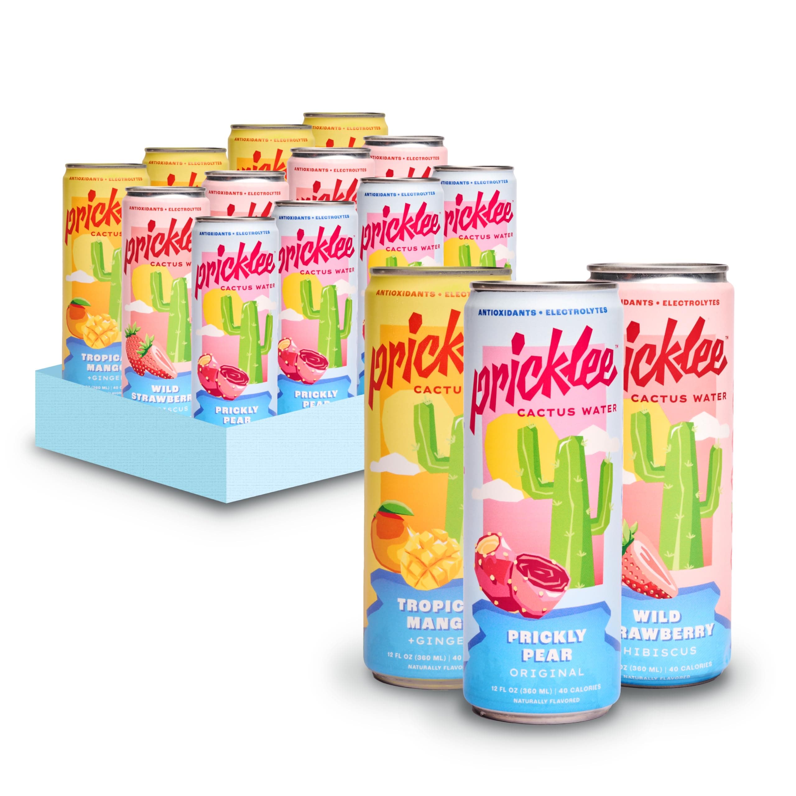 Pricklee Cactus Water Variety Pack Of 12 - Made From Nopal - Added Natural Antioxidants & Electrolytes For Hydration, Immunity & Recovery - 3 Non-Bubbling Flavors,