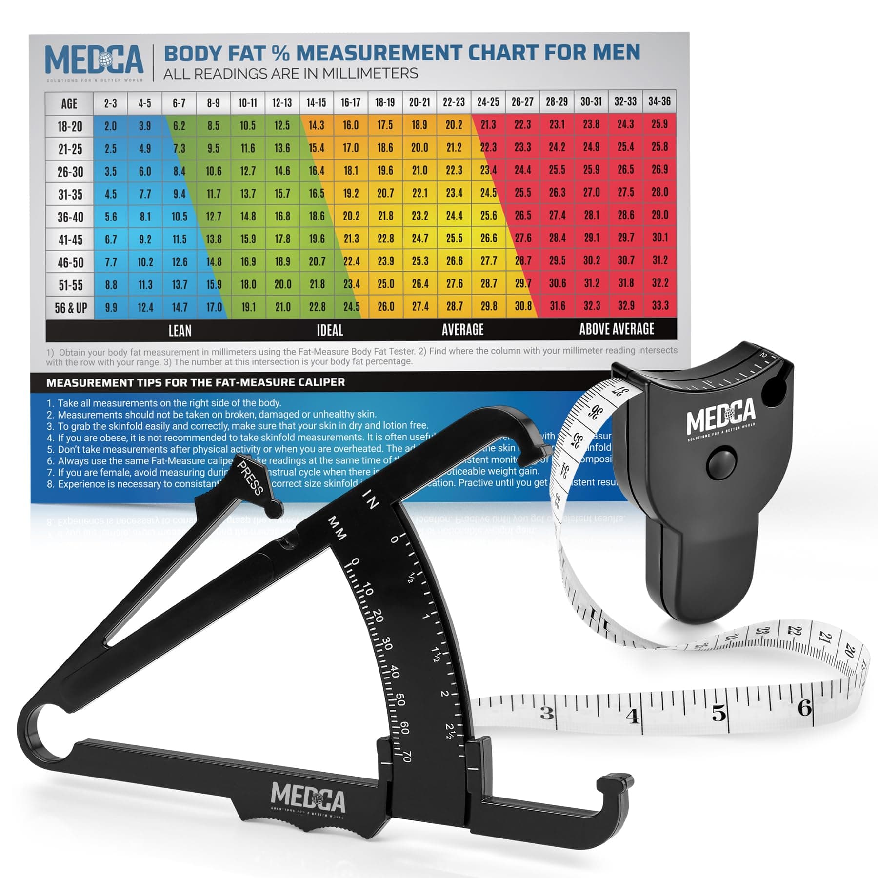 Body Fat Caliper and Measuring Tape for Body - Skinfold Calipers and Body Fat Tape Measure Tool for Accurately Measuring