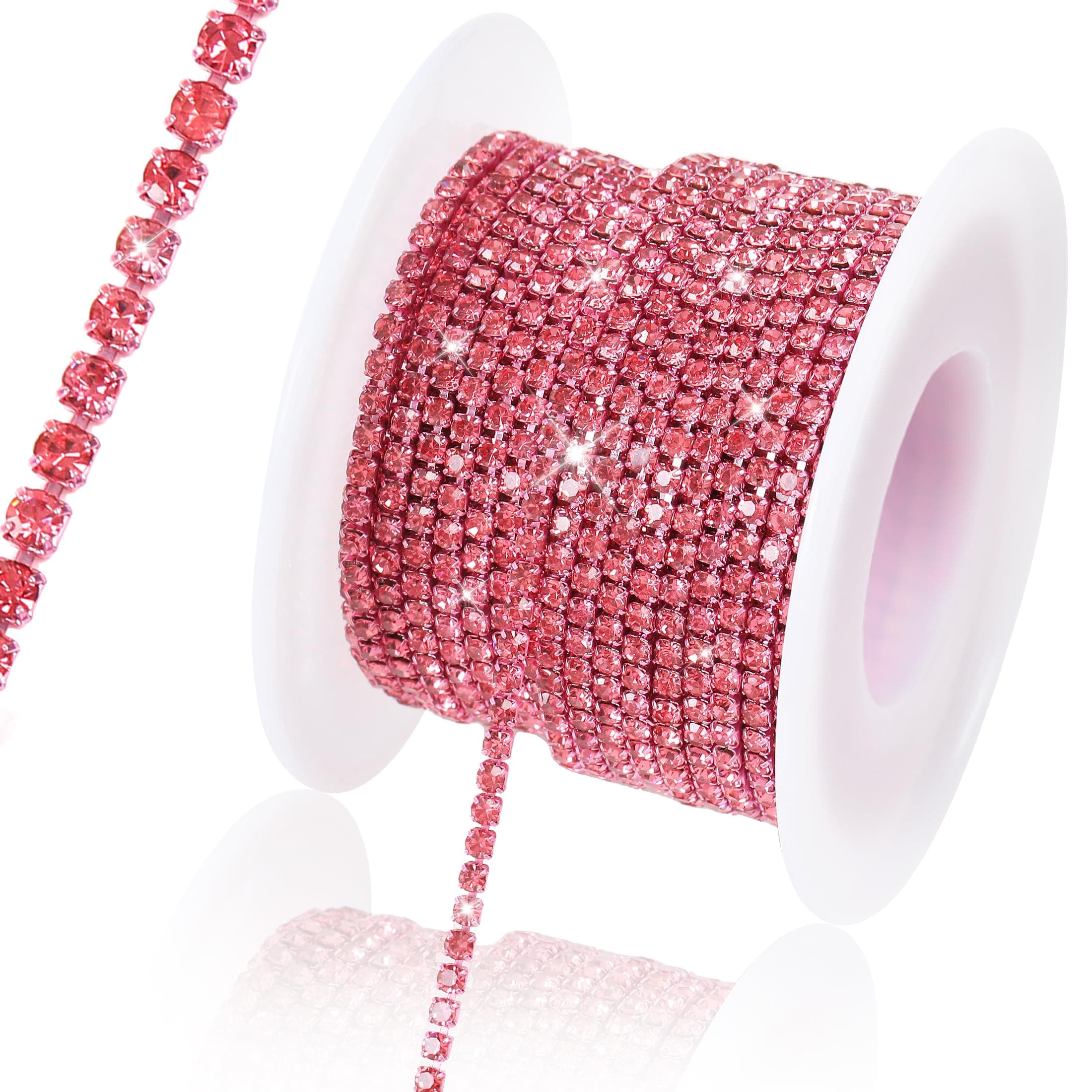 Rytenz 10 Yards 2 MM Rhinestone Chain Trim Crystal Rhinestone Close Chain Trim Rhinestone Chain, for Sewing Crafts, DIY Decoration, Jewelry, Clothing, Shoes (Dark Pink)