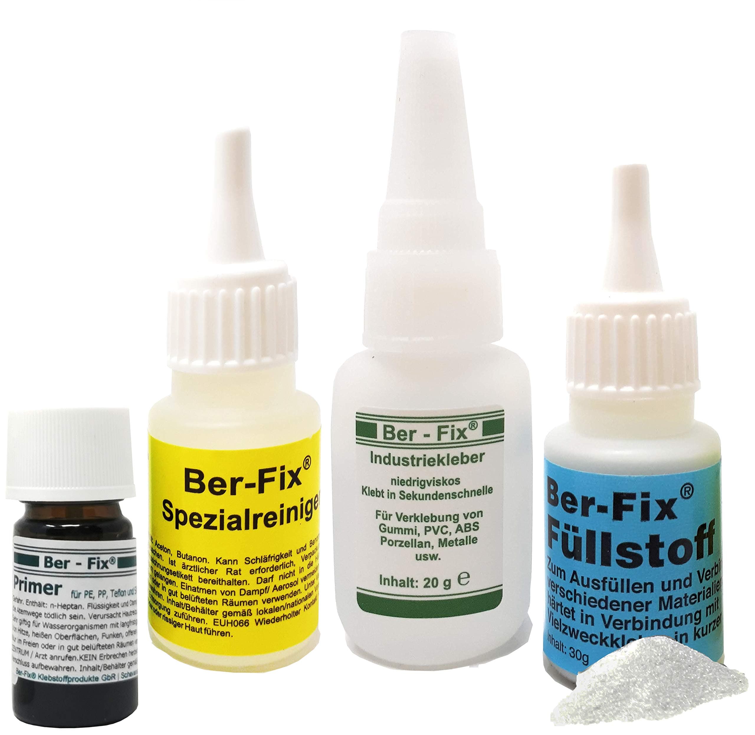 Ber-Fix Weisses Kunststoff Klebstoff Set 3 Zum kleben von Silikon Pe PP Teflon (PTFE) 20g Industriekleber dünnflüssig, 5ml Primer, 30g Füllstoff Weiss mit Ber-Fix 20g Reiniger