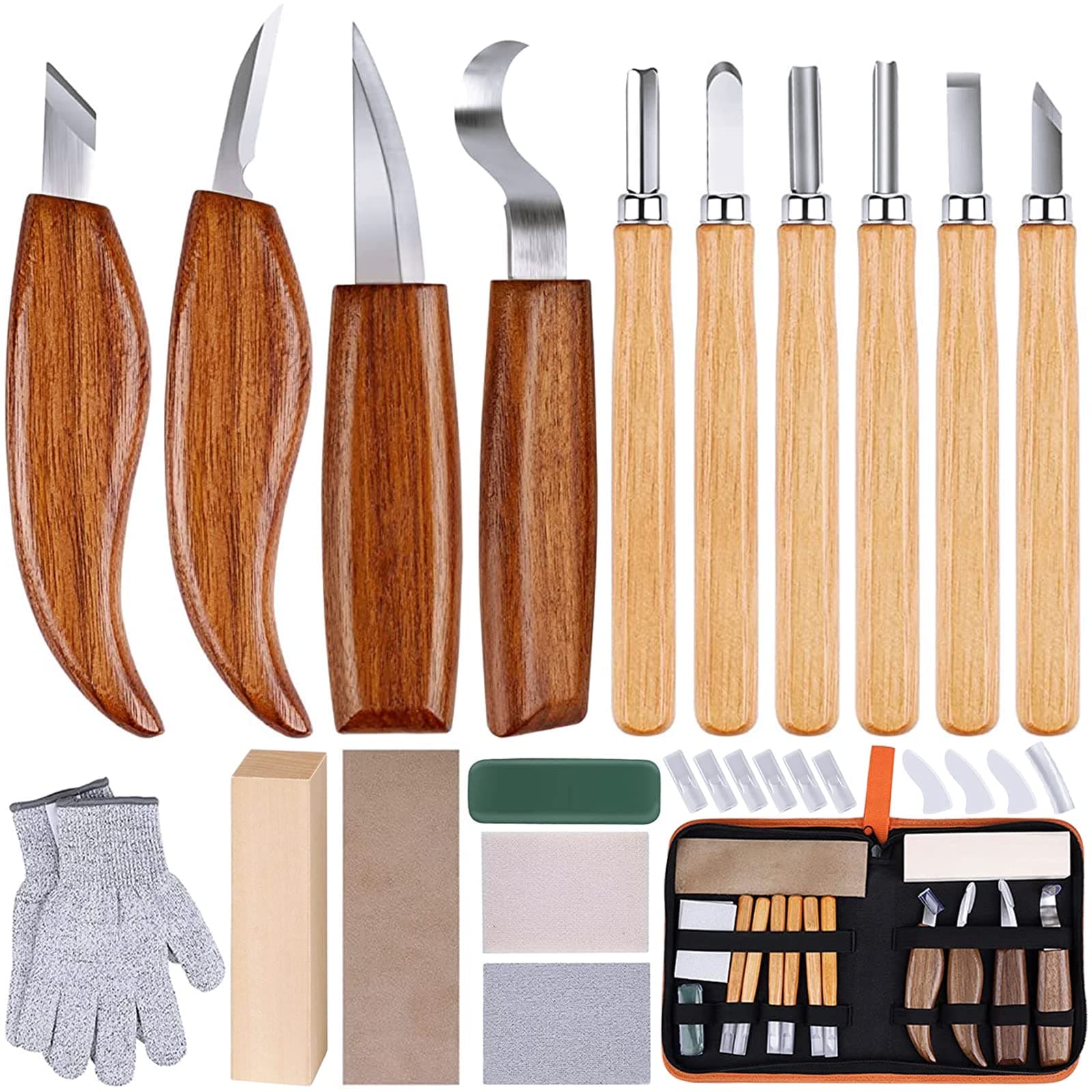 Olerqzer Whittling Knife, 26-in-1 Wood Carving Kit with Detail Wood Carving Knife, Whittling Knife, Wood Chisel Knife, Gloves, Carving Knife Sharpener for Spoon, Bowl, Kuksa Cup