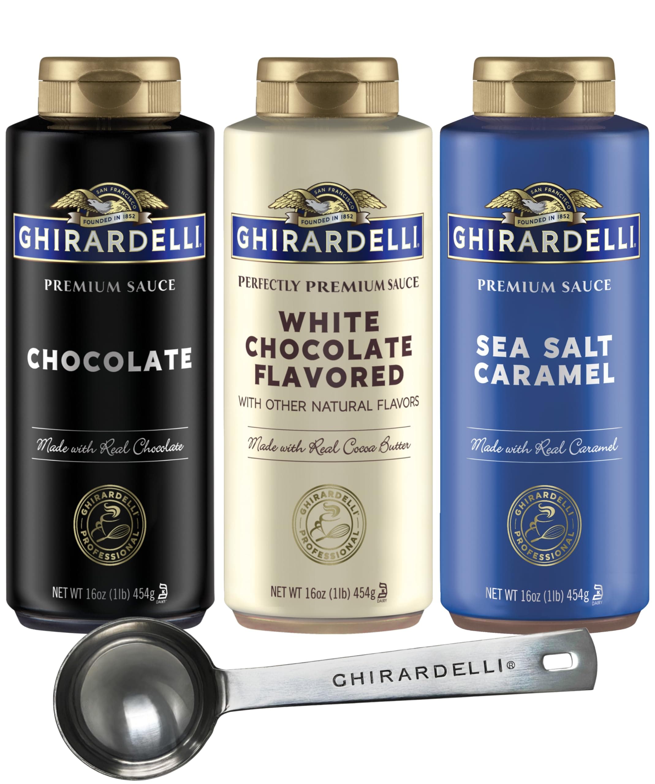 Sea Salt Caramel, Chocolate and White Chocolate Flavored Sauce, 16 oz Squeeze Bottles (Pack of 3) with Ghirardelli Stamped Barista Spoon